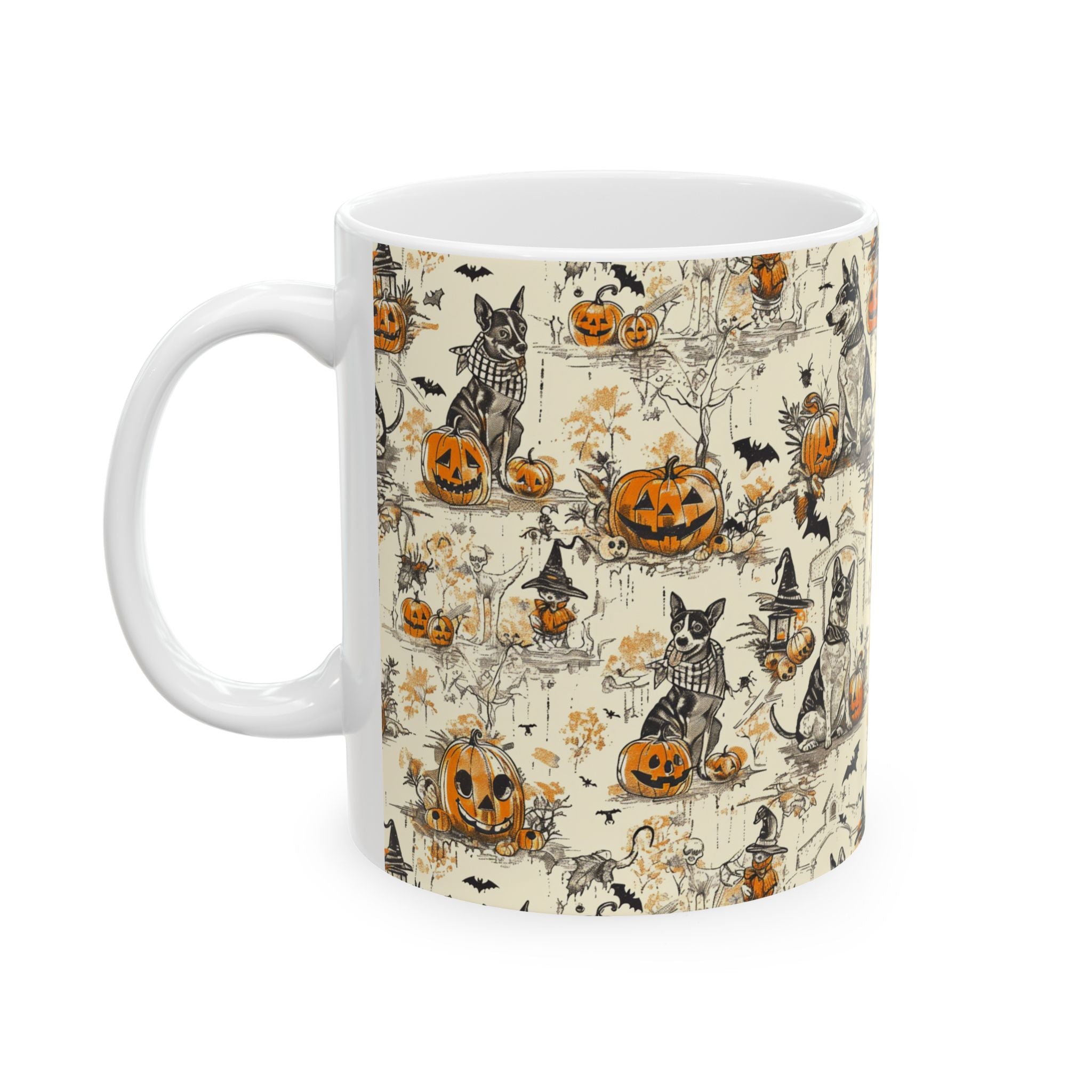 Vintage Halloween Dog Mug – Cozy Fall Coffee Cup with Pumpkins, Bats & Witchy Dogs