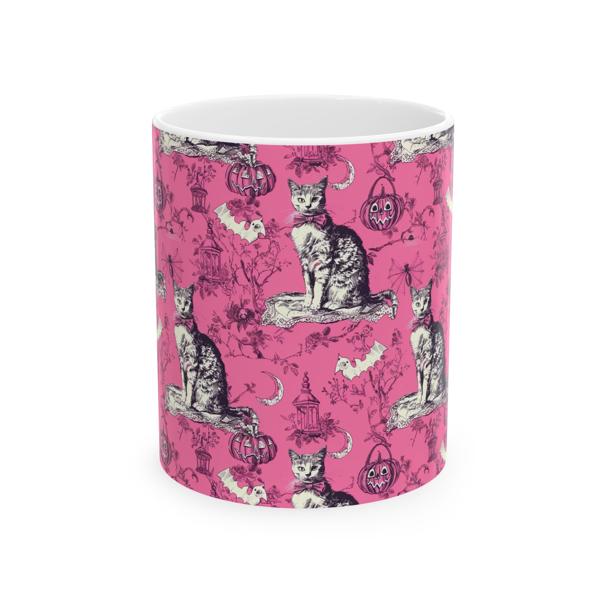 Pink Gothic Halloween Cat Mug – Vintage Black Cat Toile Coffee Cup for Fall Lovers