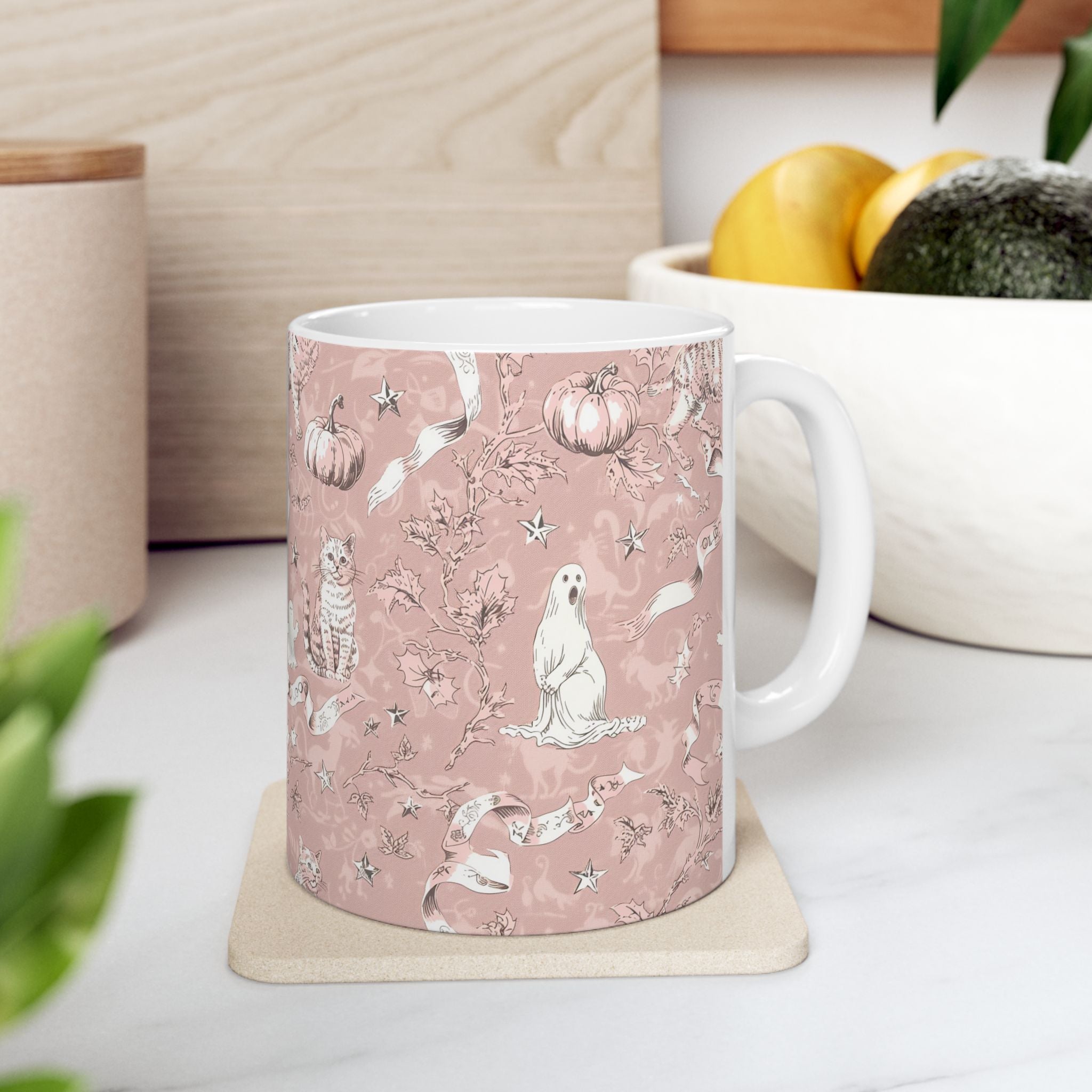 Blush Halloween Mug – Vintage Cat & Ghost Toile | Cozy Fall Coffee Cup