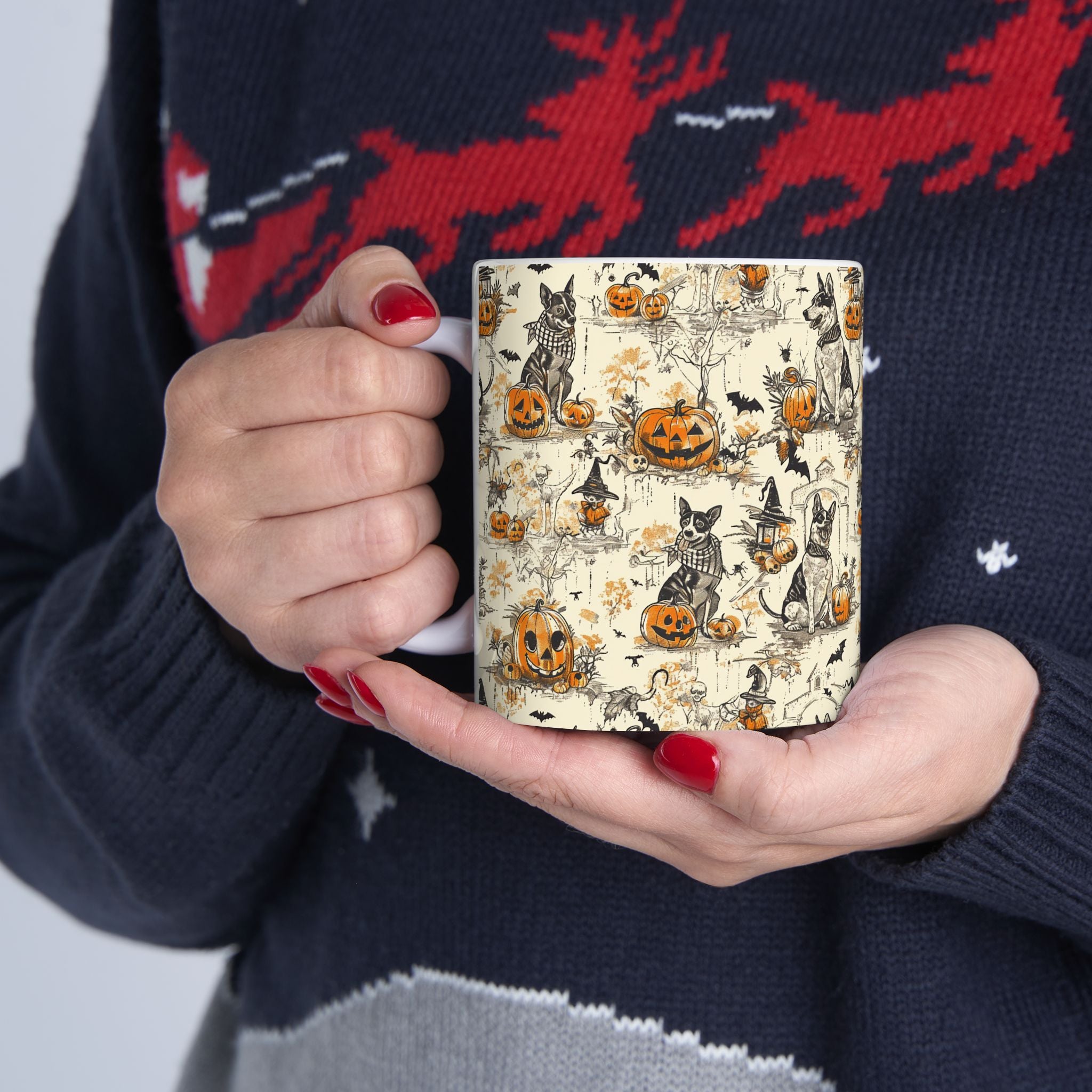 Vintage Halloween Dog Mug – Cozy Fall Coffee Cup with Pumpkins, Bats & Witchy Dogs