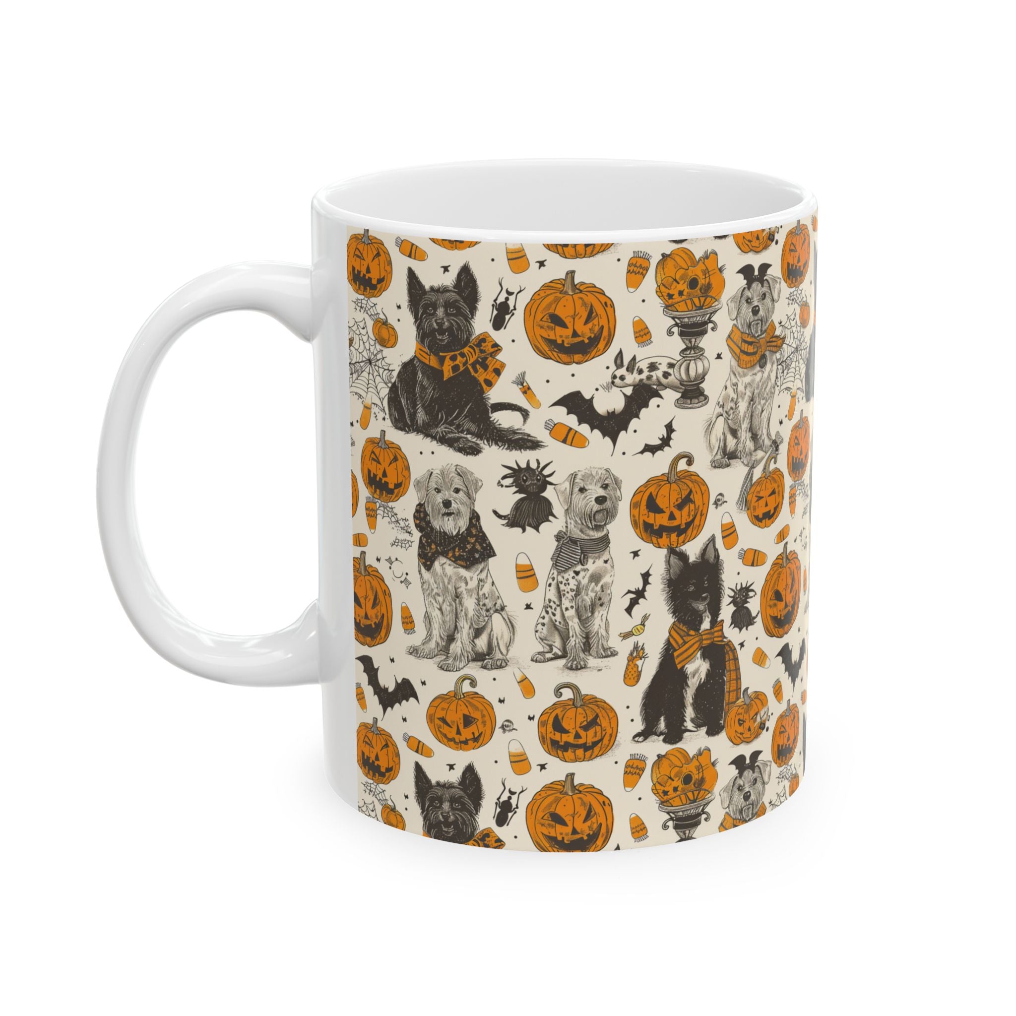 Halloween Dog Mug – Cozy Vintage Coffee Cup with Pumpkins, Candy Corn & Cute Dogs