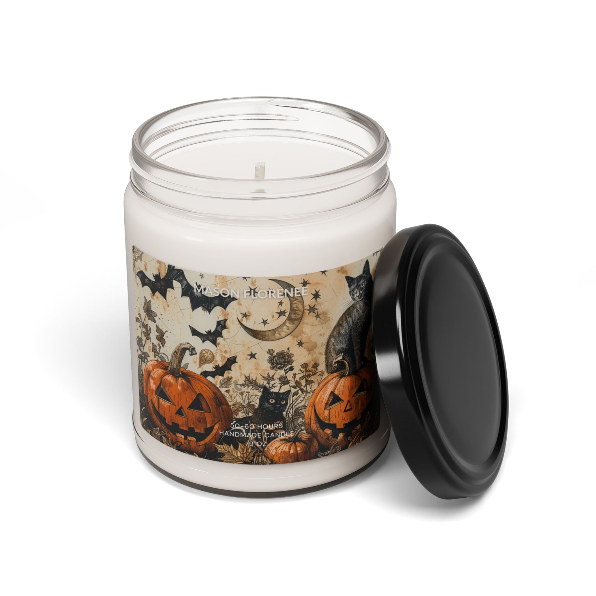 Maison Florenne™ Enchanted Black Cat Halloween Candle – Luxury Hand-Poured Soy, 50–60 Hours Burn