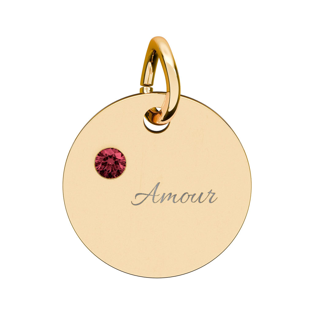 AMOUR Gold Plate CZ Ruby Charm – Romantic Keepsake Pendant, Birthstone Circle Charm (Engraving)