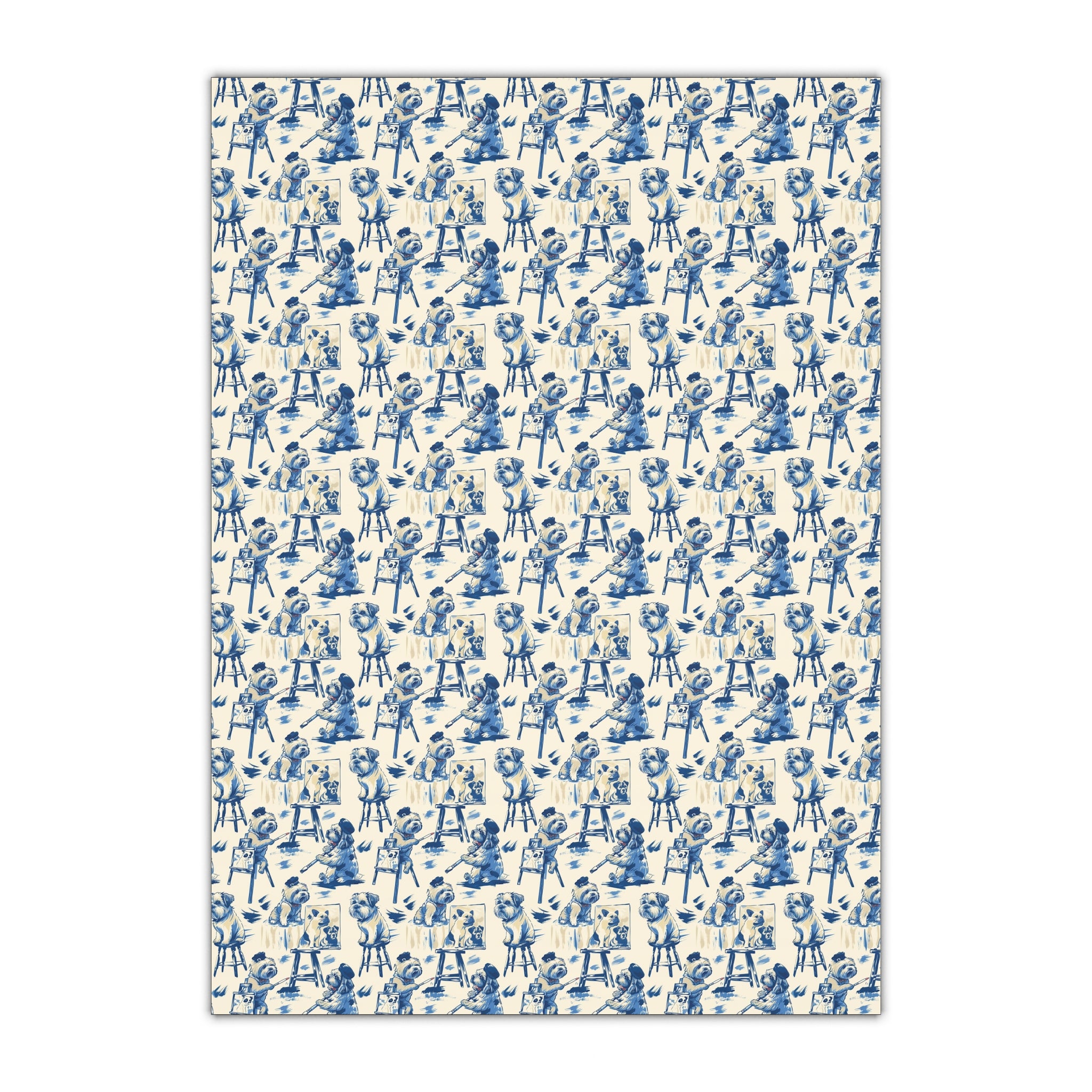 Blue Dog Painter Toile Wrapping Paper – Cute Artistic Puppy Gift Wrap, Vintage French Illustration Style, Luxury Boutique Packaging