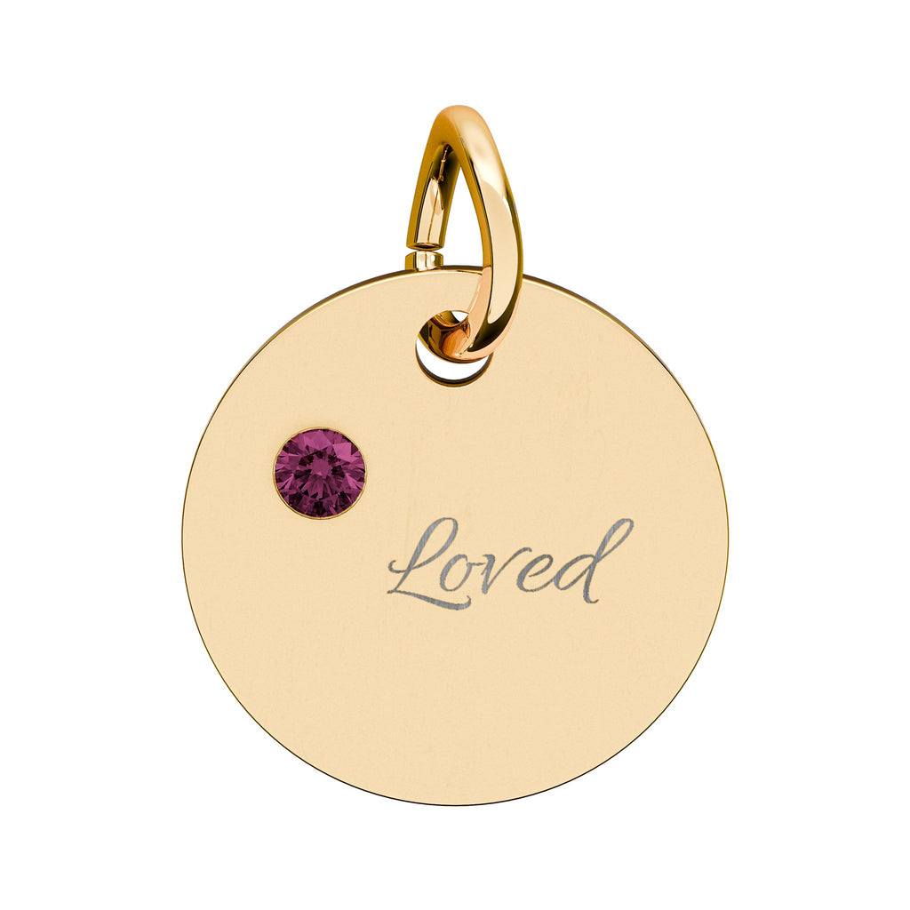 LOVED — Gold Plated Ruby Valentine CHARM ONLY,  Birthstone Circle Charm (Engraving)