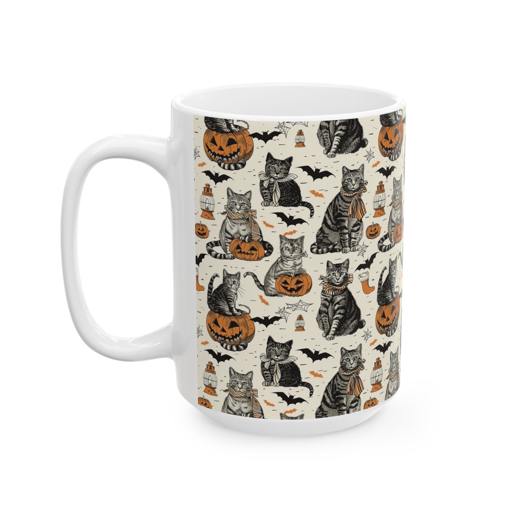 Vintage Halloween Cat Mug – Cozy Autumn Coffee Cup with Pumpkins, Bats & Black Cats