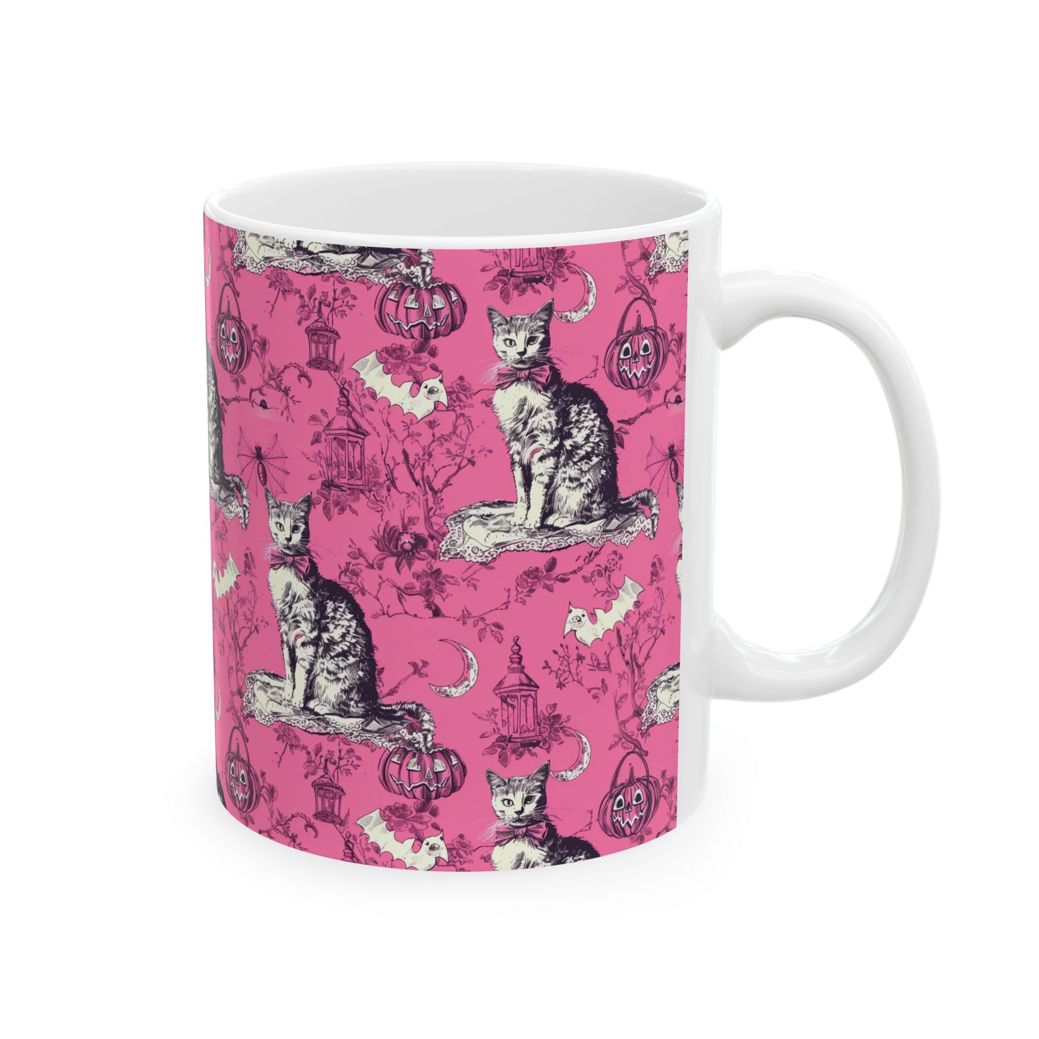 Pink Gothic Halloween Cat Mug – Vintage Black Cat Toile Coffee Cup for Fall Lovers
