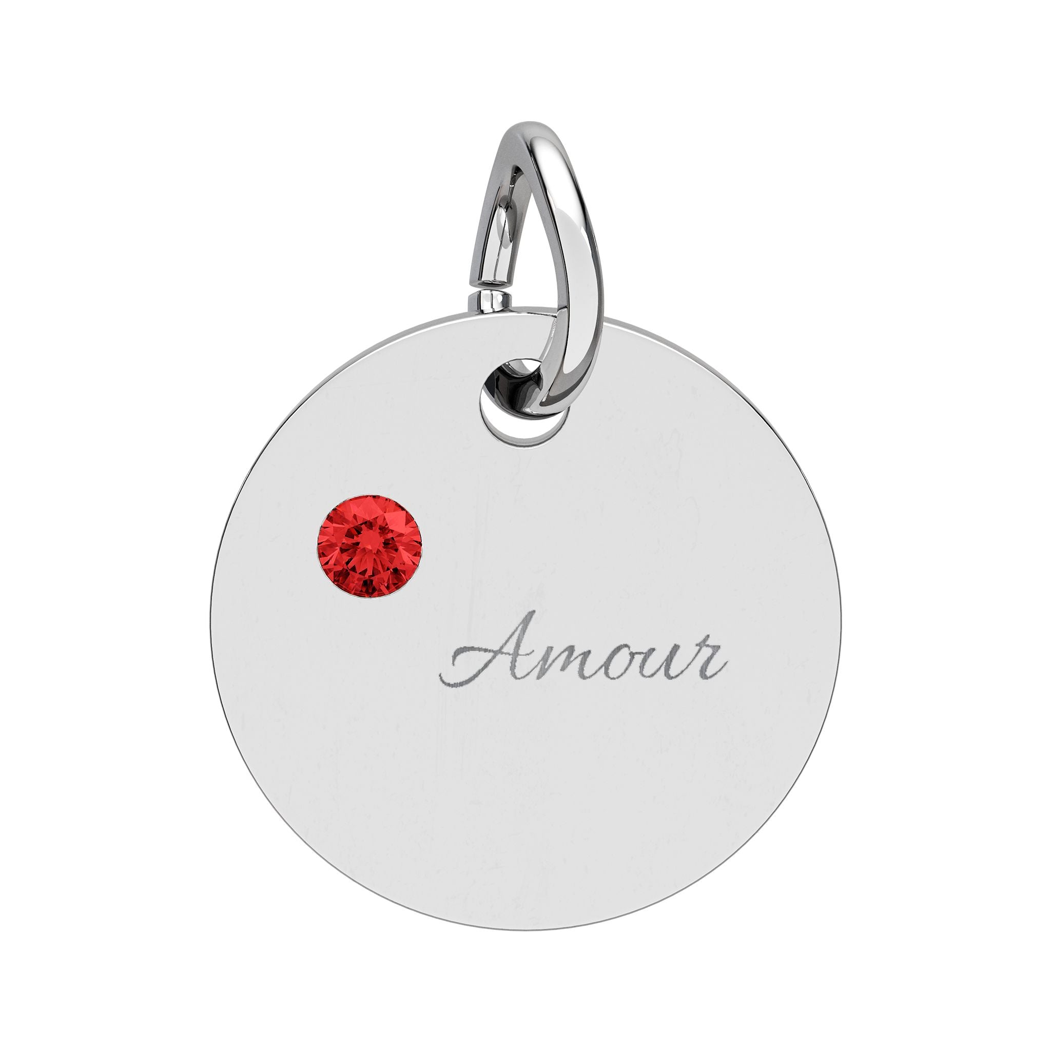 AMOUR Gold Plate CZ Ruby Charm – Romantic Keepsake Pendant, Birthstone Circle Charm (Engraving)