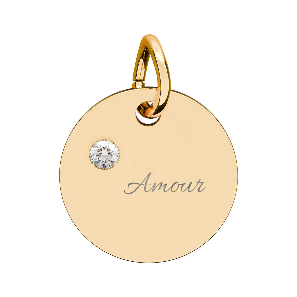 AMOUR Gold Plate CZ Ruby Charm – Romantic Keepsake Pendant, Birthstone Circle Charm (Engraving)