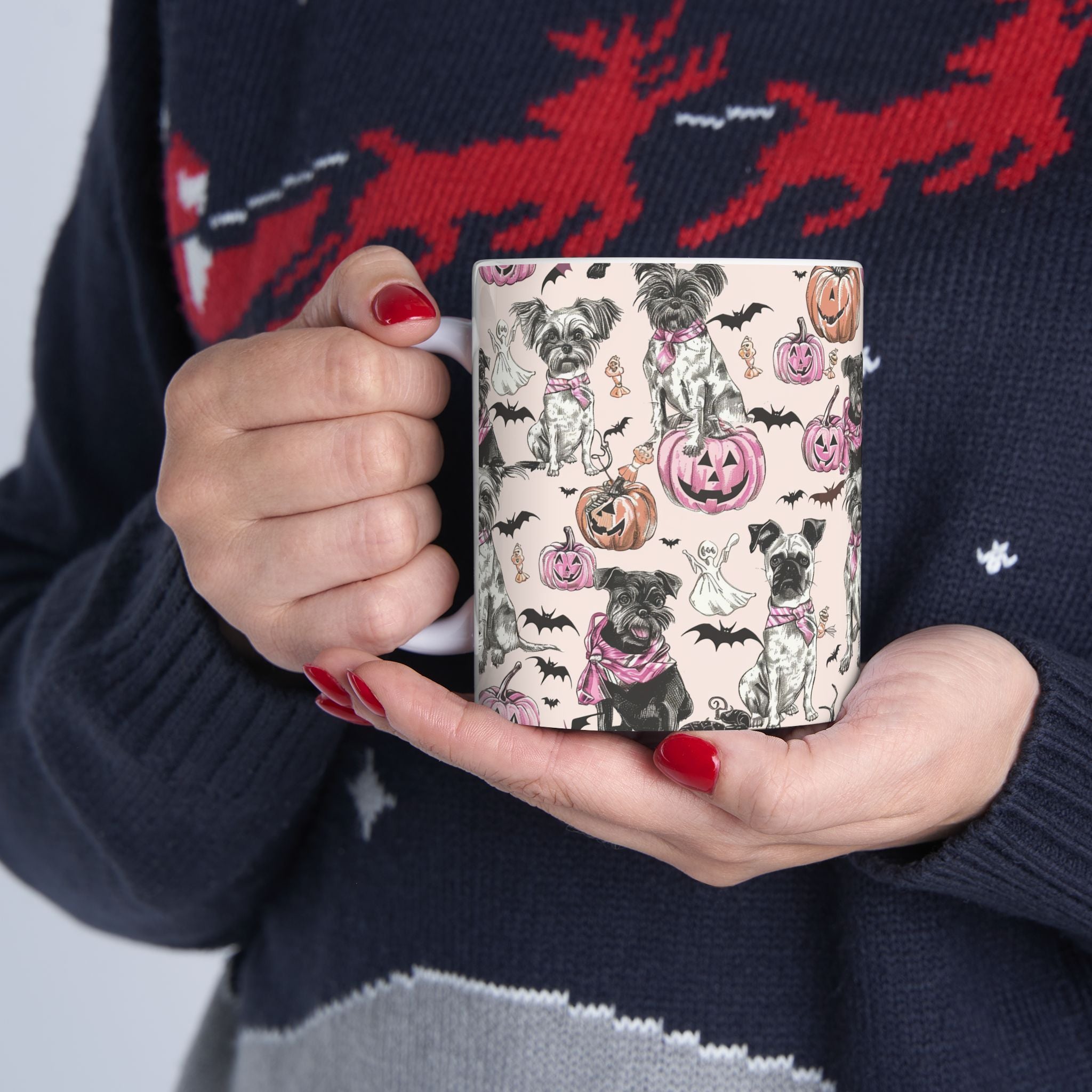Pink Halloween Dog Mug – Cute Pug & Yorkie Coffee Cup with Pumpkins, Ghosts & Bats