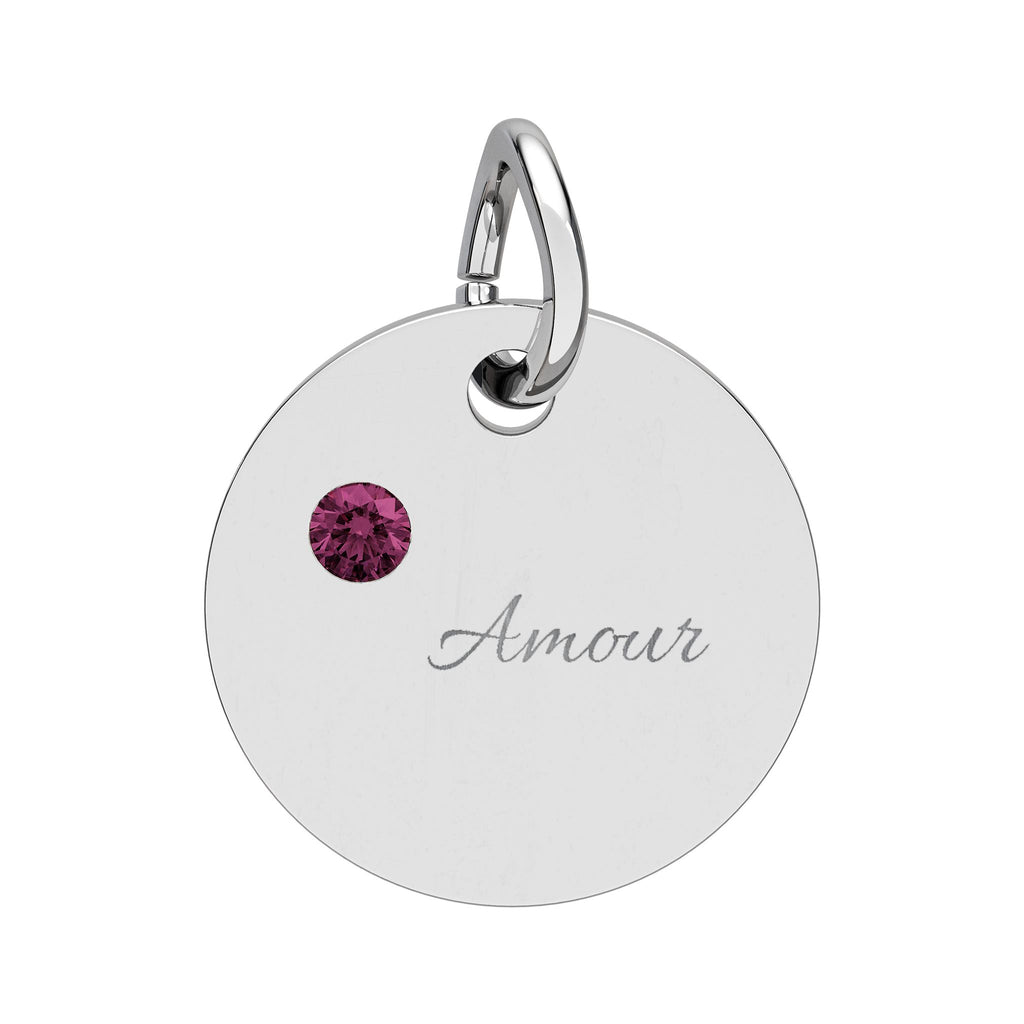 AMOUR Gold Plate CZ Ruby Charm – Romantic Keepsake Pendant, Birthstone Circle Charm (Engraving)