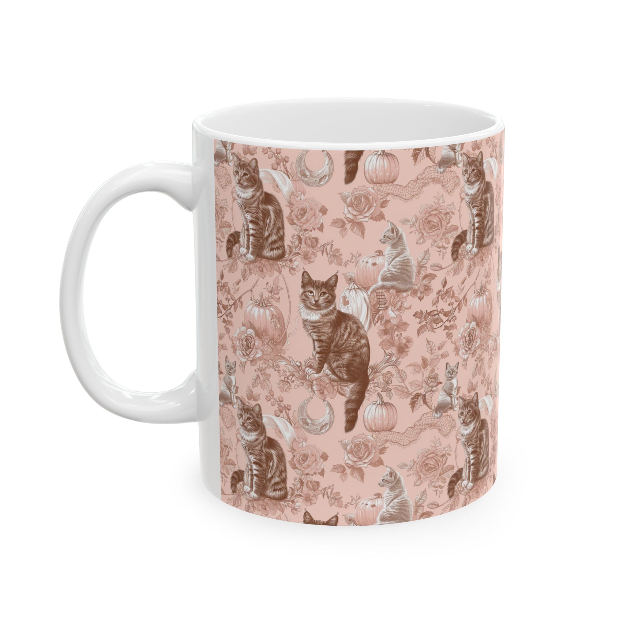 Blush Pumpkin Cat Mug – Vintage Toile Coffee Cup | Cozy Fall Gift for Cat Lovers