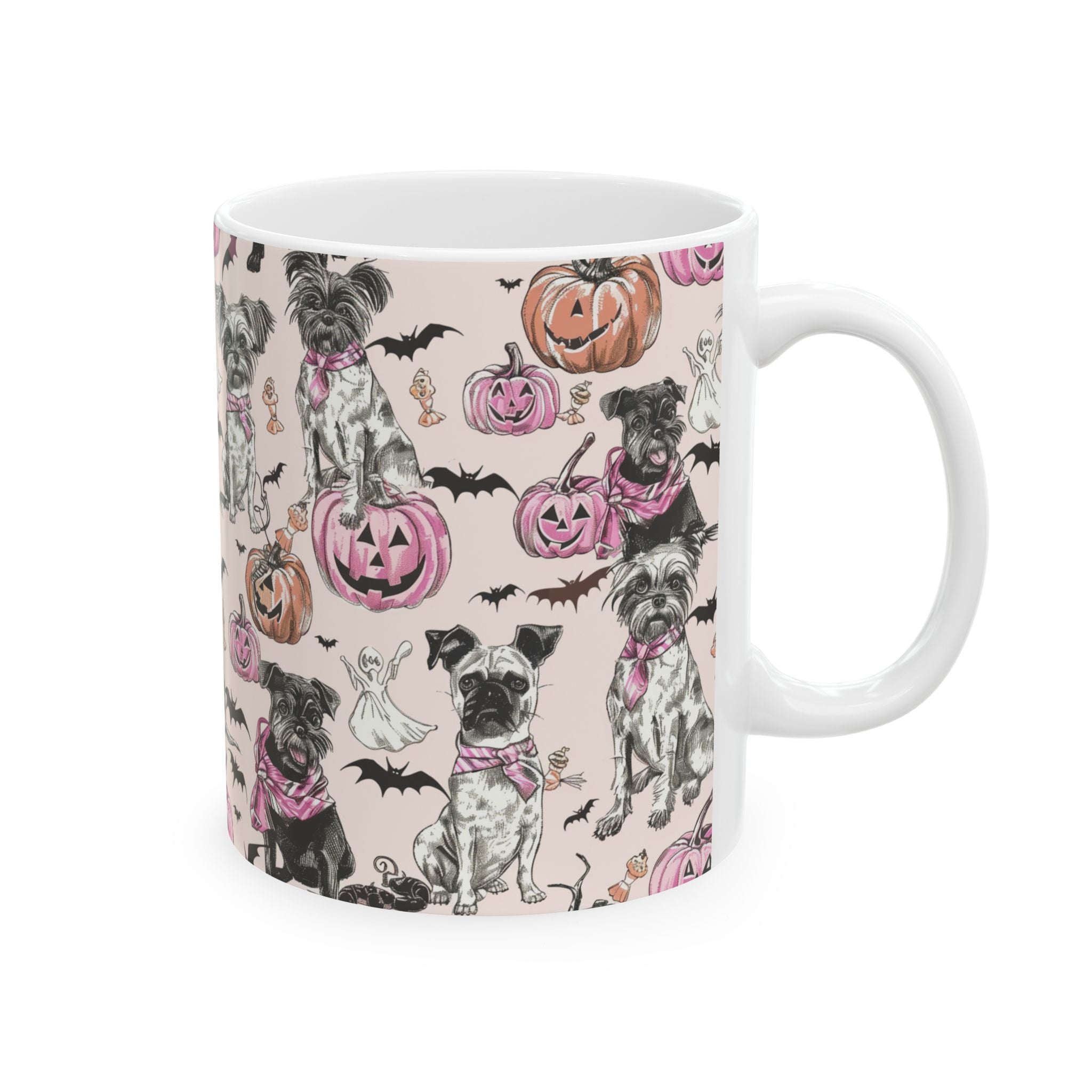 Pink Halloween Dog Mug – Cute Pug & Yorkie Coffee Cup with Pumpkins, Ghosts & Bats