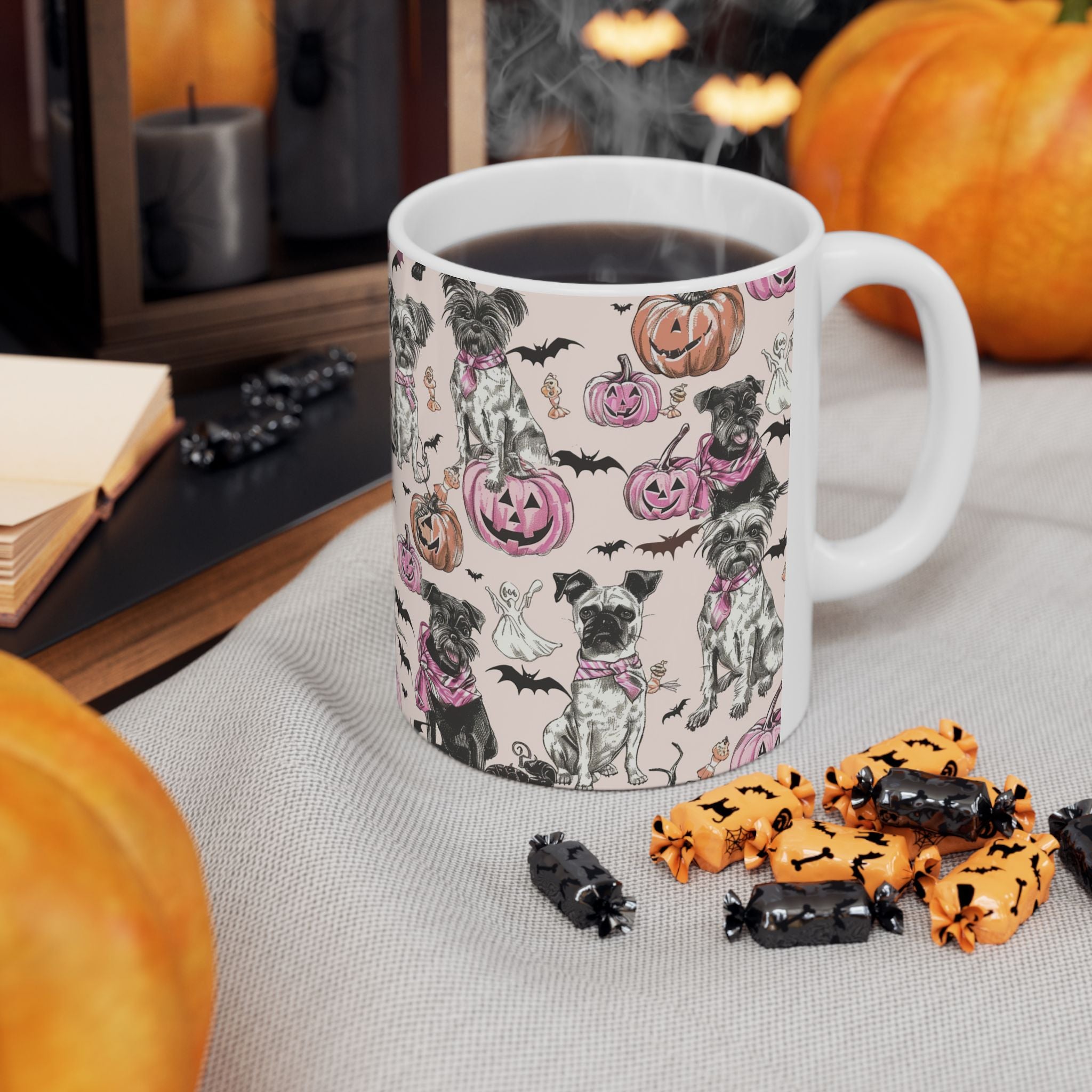 Pink Halloween Dog Mug – Cute Pug & Yorkie Coffee Cup with Pumpkins, Ghosts & Bats