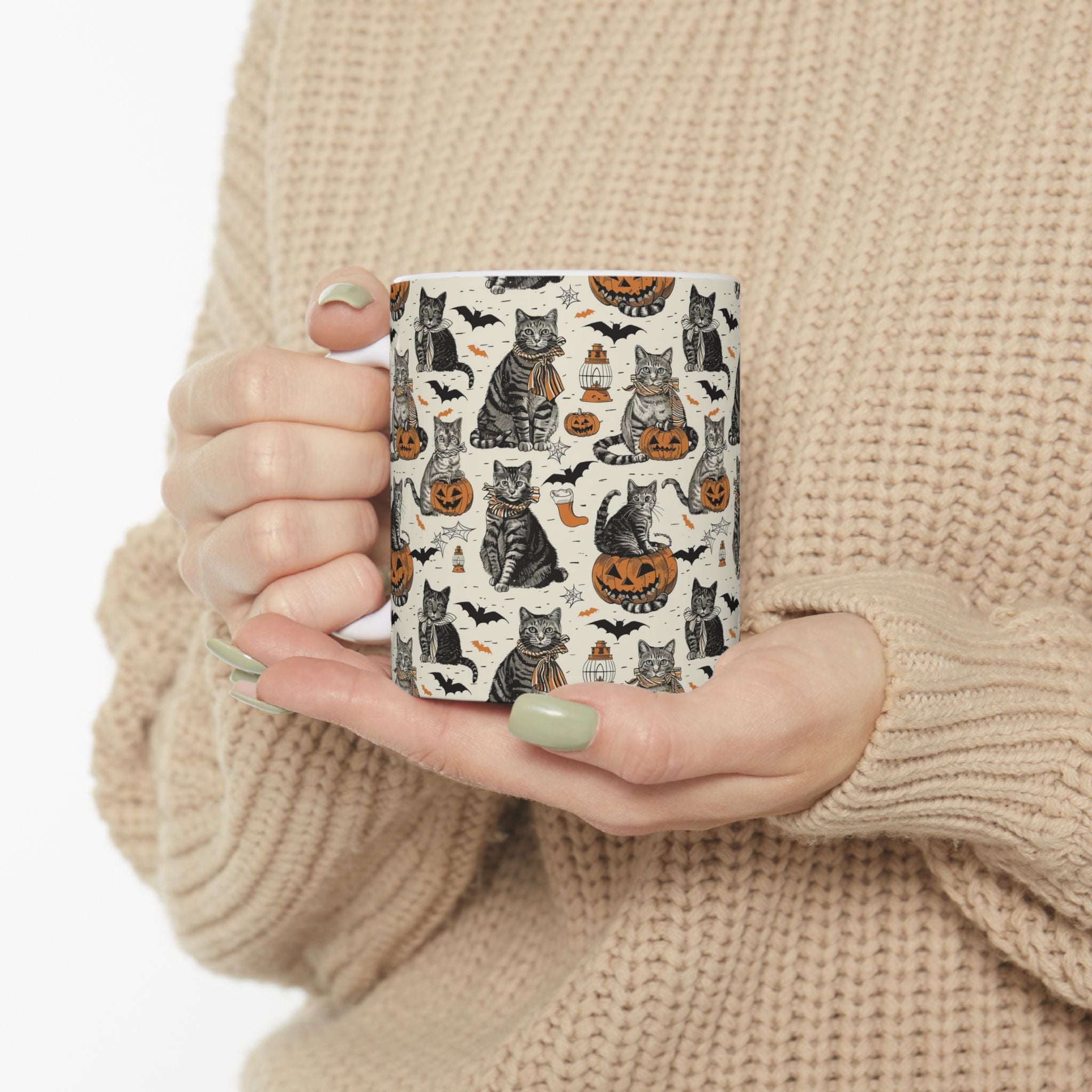 Vintage Halloween Cat Mug – Cozy Autumn Coffee Cup with Pumpkins, Bats & Black Cats