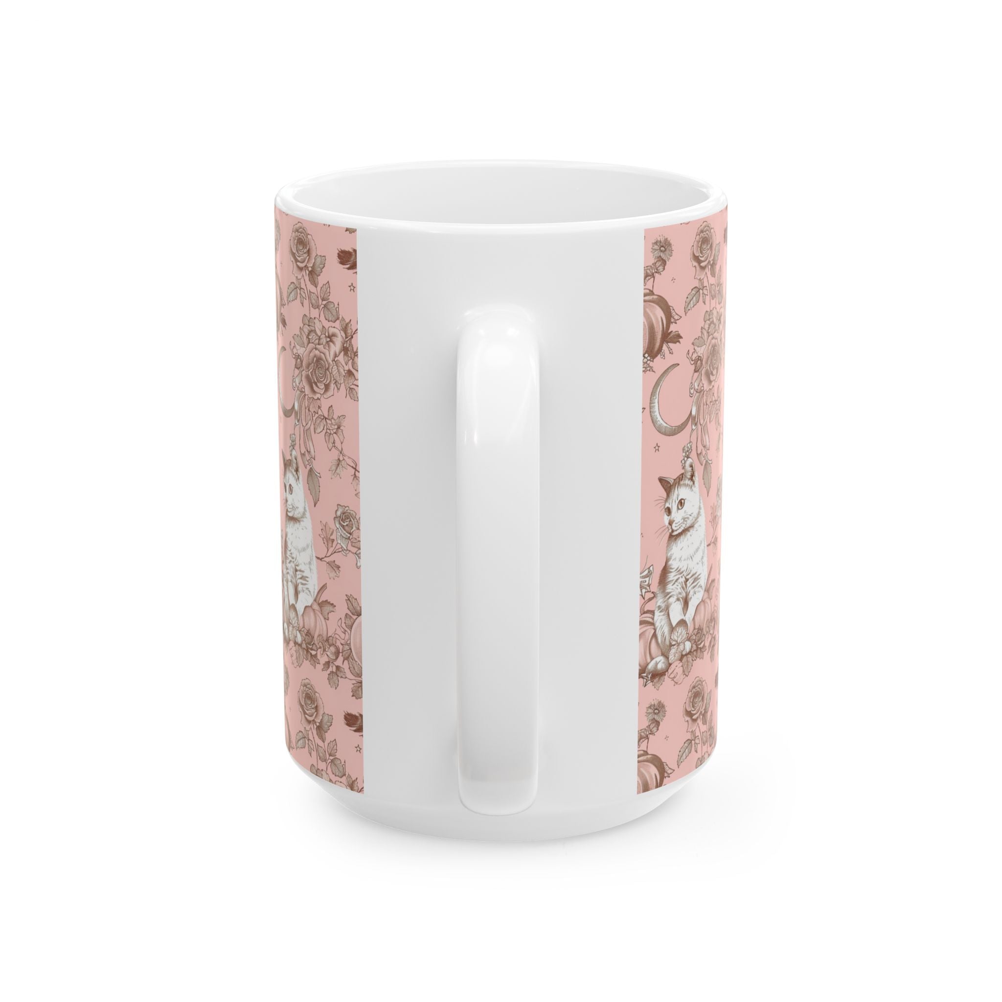 Vintage Blush Cat Mug – Pumpkin & Rose Toile Coffee Cup | Cozy Fall Gift for Cat Lovers
