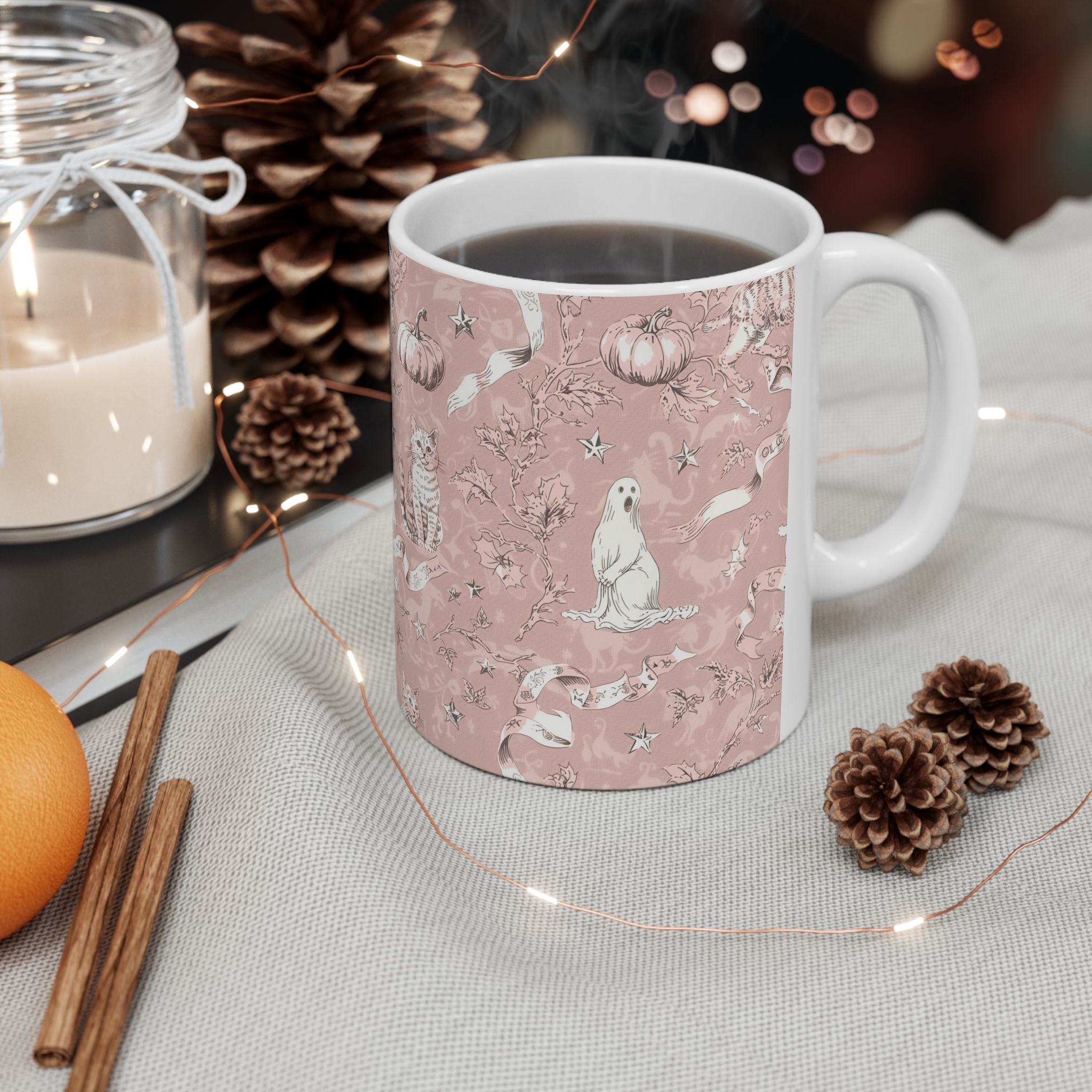 Blush Halloween Mug – Vintage Cat & Ghost Toile | Cozy Fall Coffee Cup