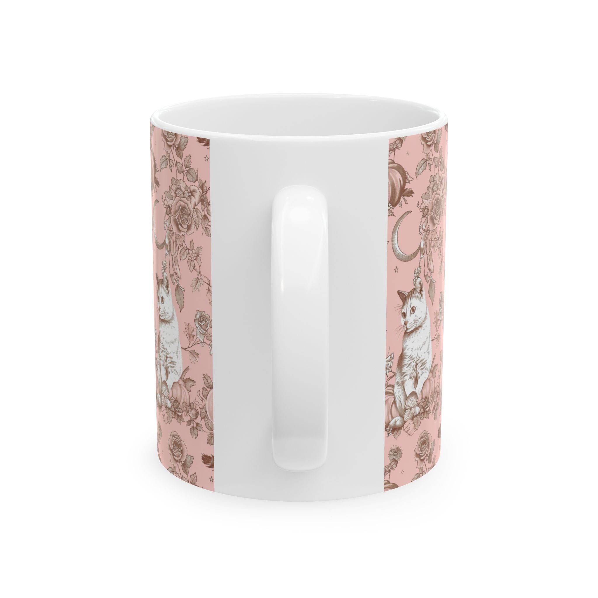 Vintage Blush Cat Mug – Pumpkin & Rose Toile Coffee Cup | Cozy Fall Gift for Cat Lovers