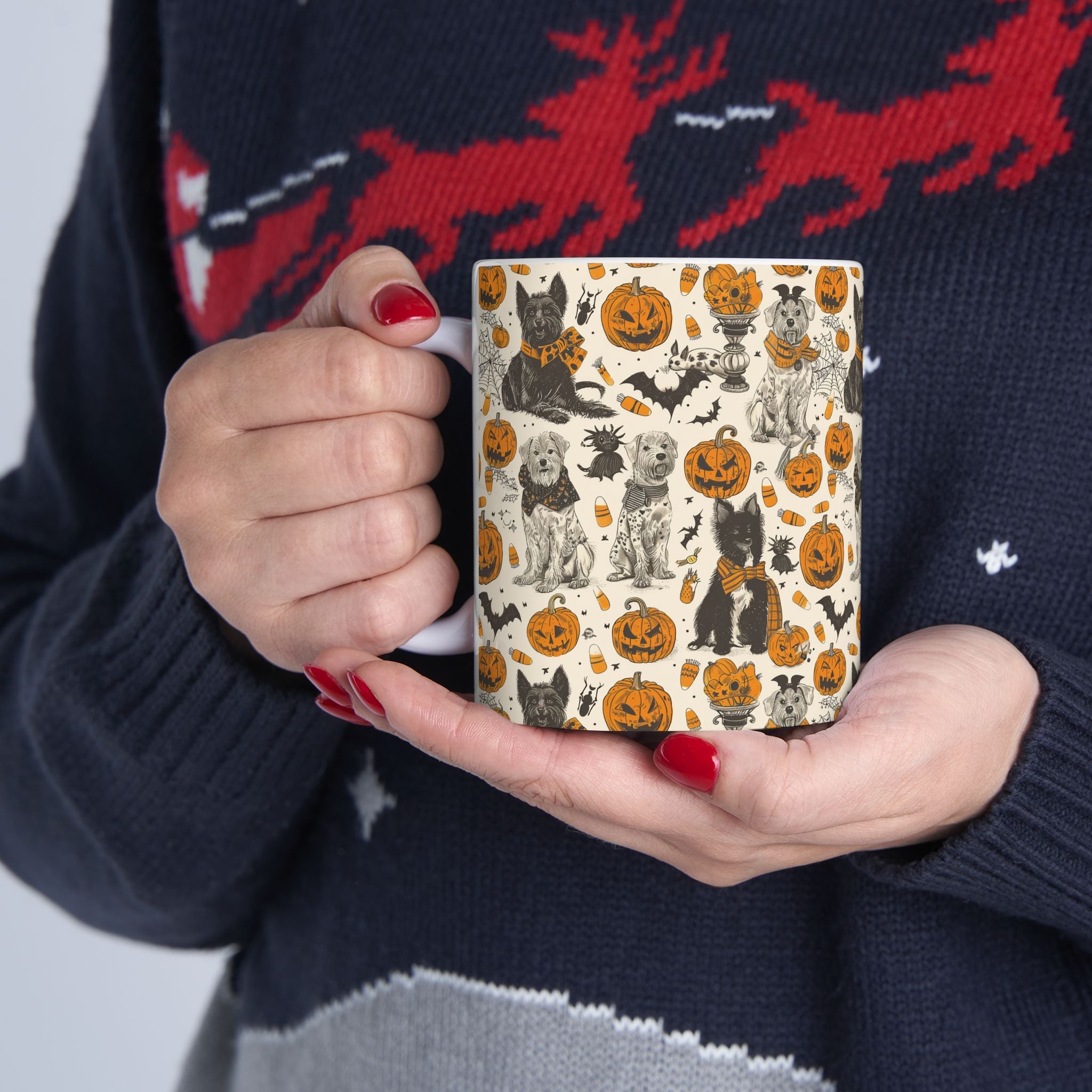 Halloween Dog Mug – Cozy Vintage Coffee Cup with Pumpkins, Candy Corn & Cute Dogs