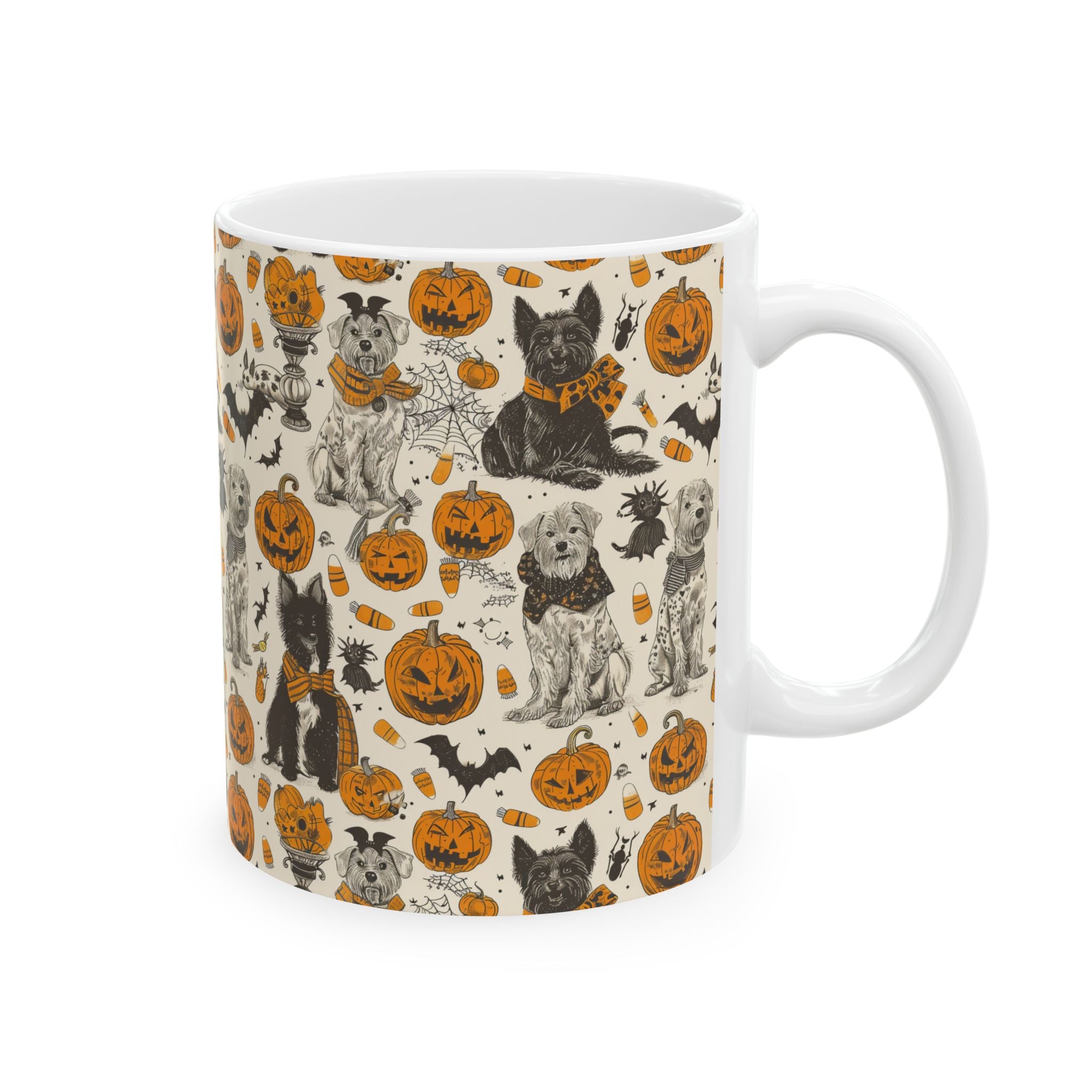 Halloween Dog Mug – Cozy Vintage Coffee Cup with Pumpkins, Candy Corn & Cute Dogs