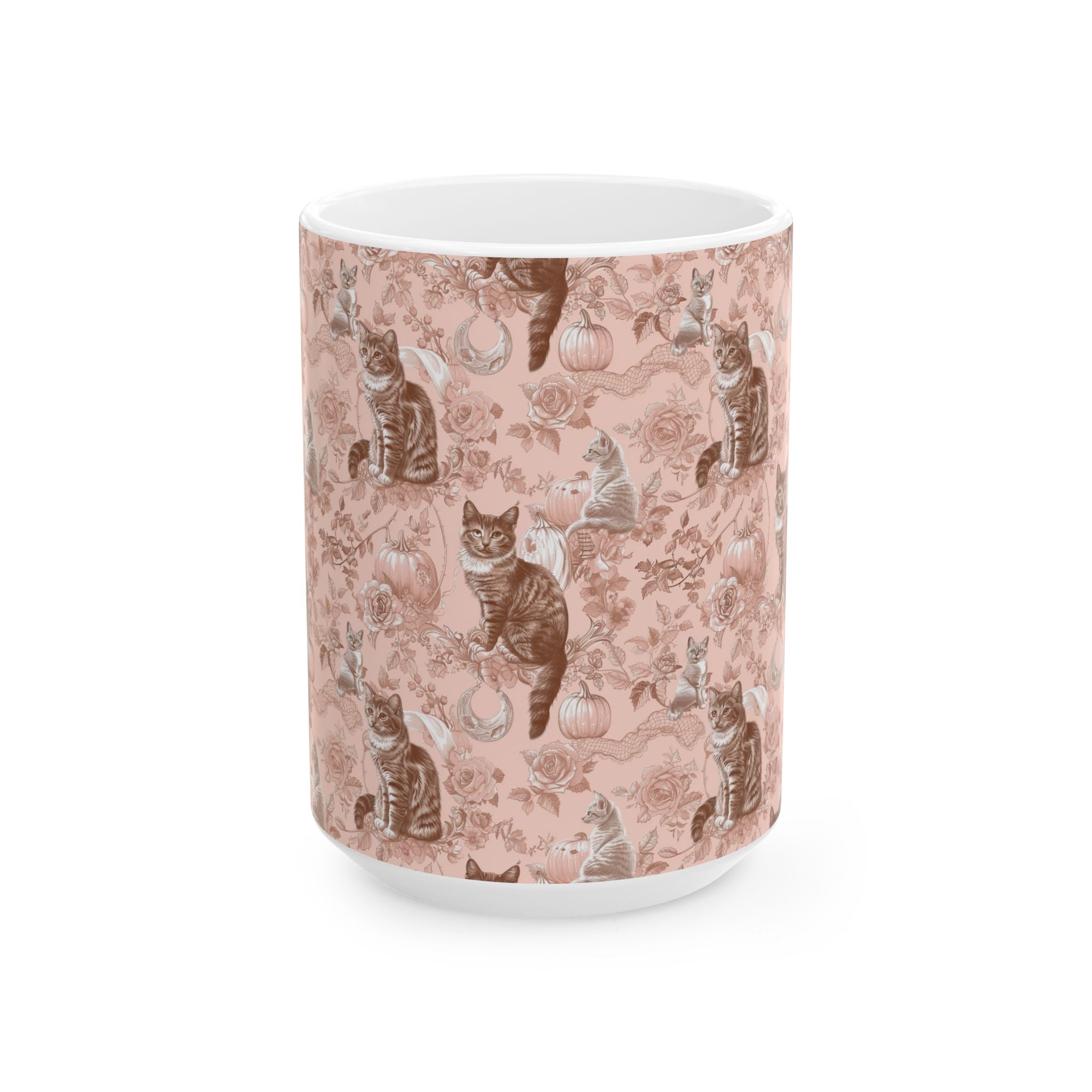 Blush Pumpkin Cat Mug – Vintage Toile Coffee Cup | Cozy Fall Gift for Cat Lovers