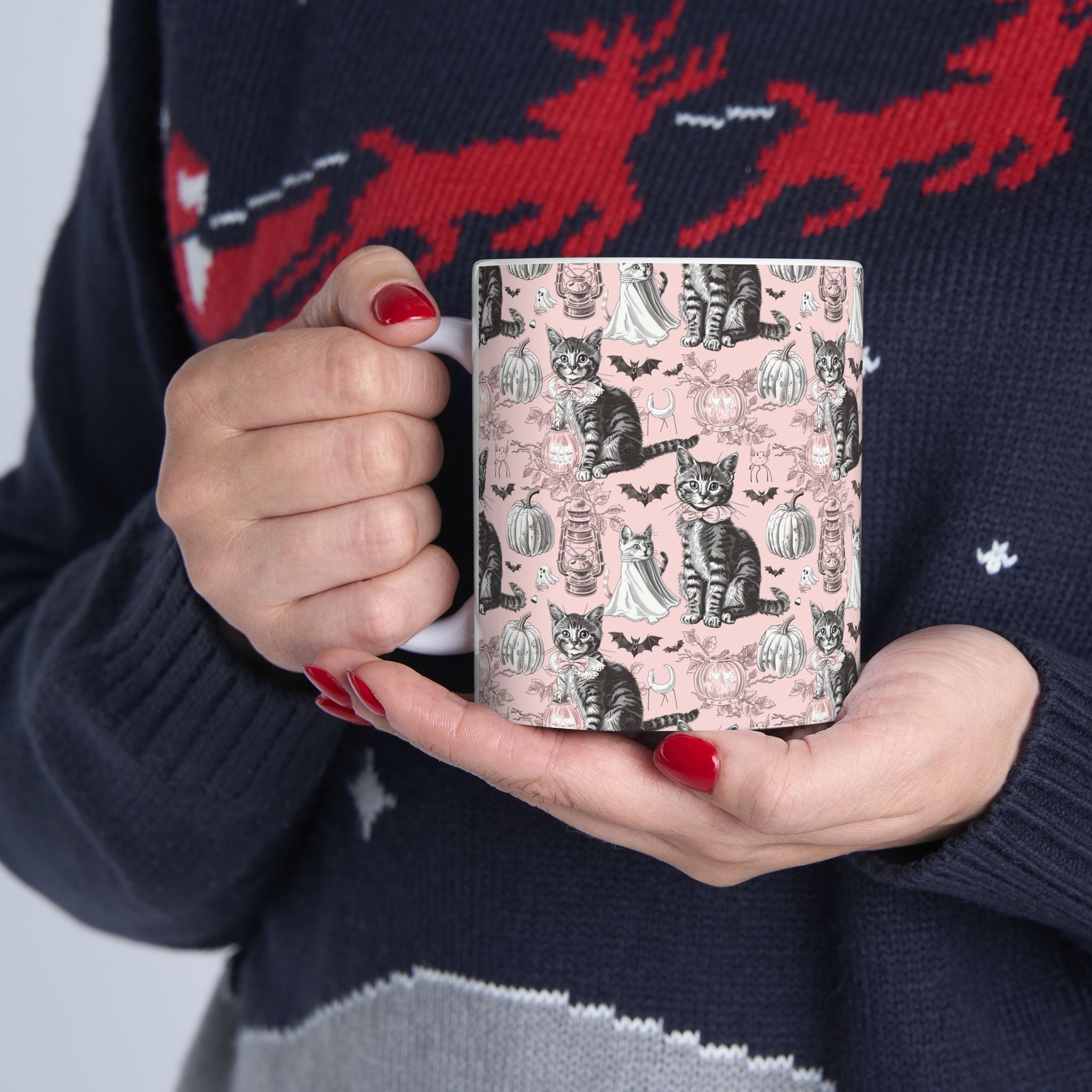 Blush Vintage Halloween Cat Mug – Cozy Pink Coffee Cup with Ghosts, Pumpkins & Black Cats