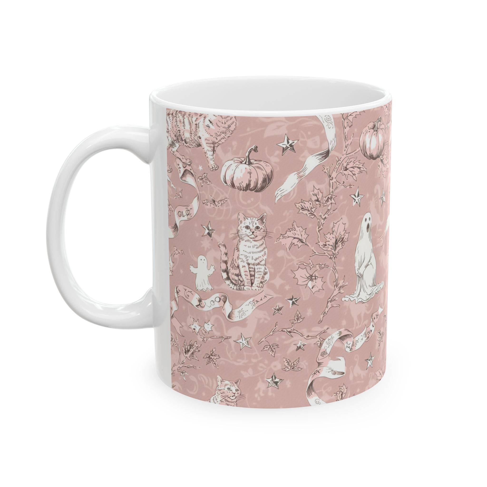 Blush Halloween Mug – Vintage Cat & Ghost Toile | Cozy Fall Coffee Cup