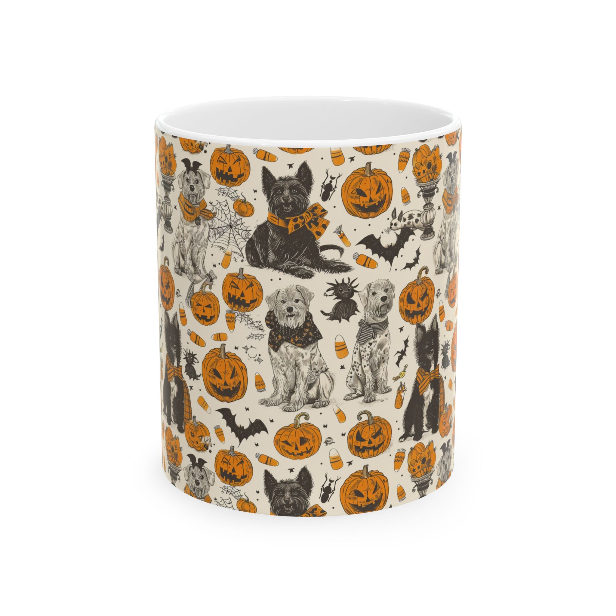 Halloween Dog Mug – Cozy Vintage Coffee Cup with Pumpkins, Candy Corn & Cute Dogs