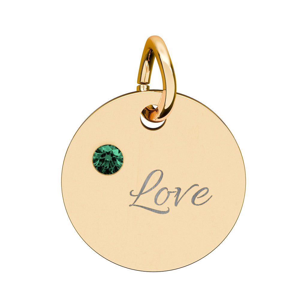 LOVE — Gold Plated Ruby Valentine Charm,  Birthstone Circle Charm (Engraving)