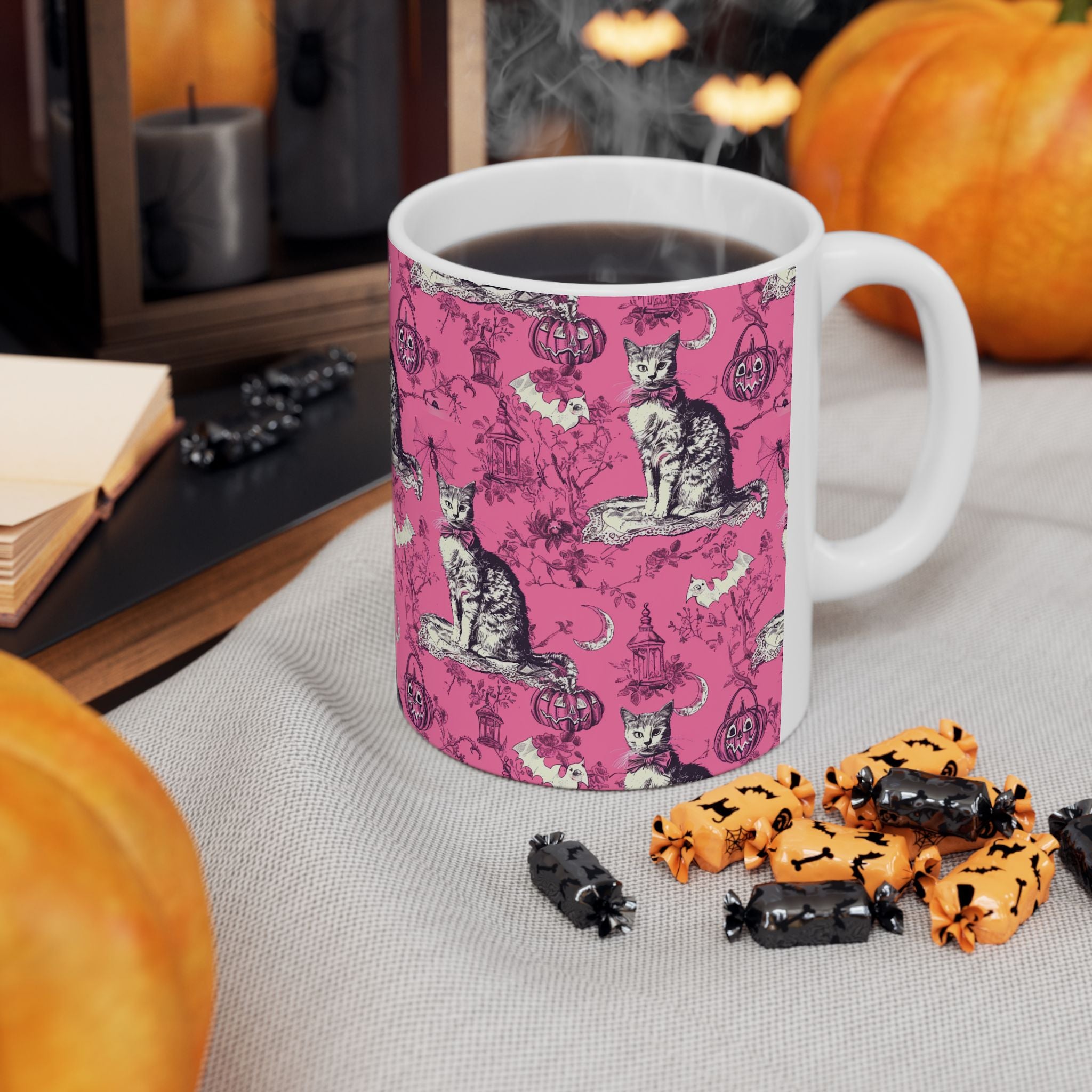 Pink Gothic Halloween Cat Mug – Vintage Black Cat Toile Coffee Cup for Fall Lovers