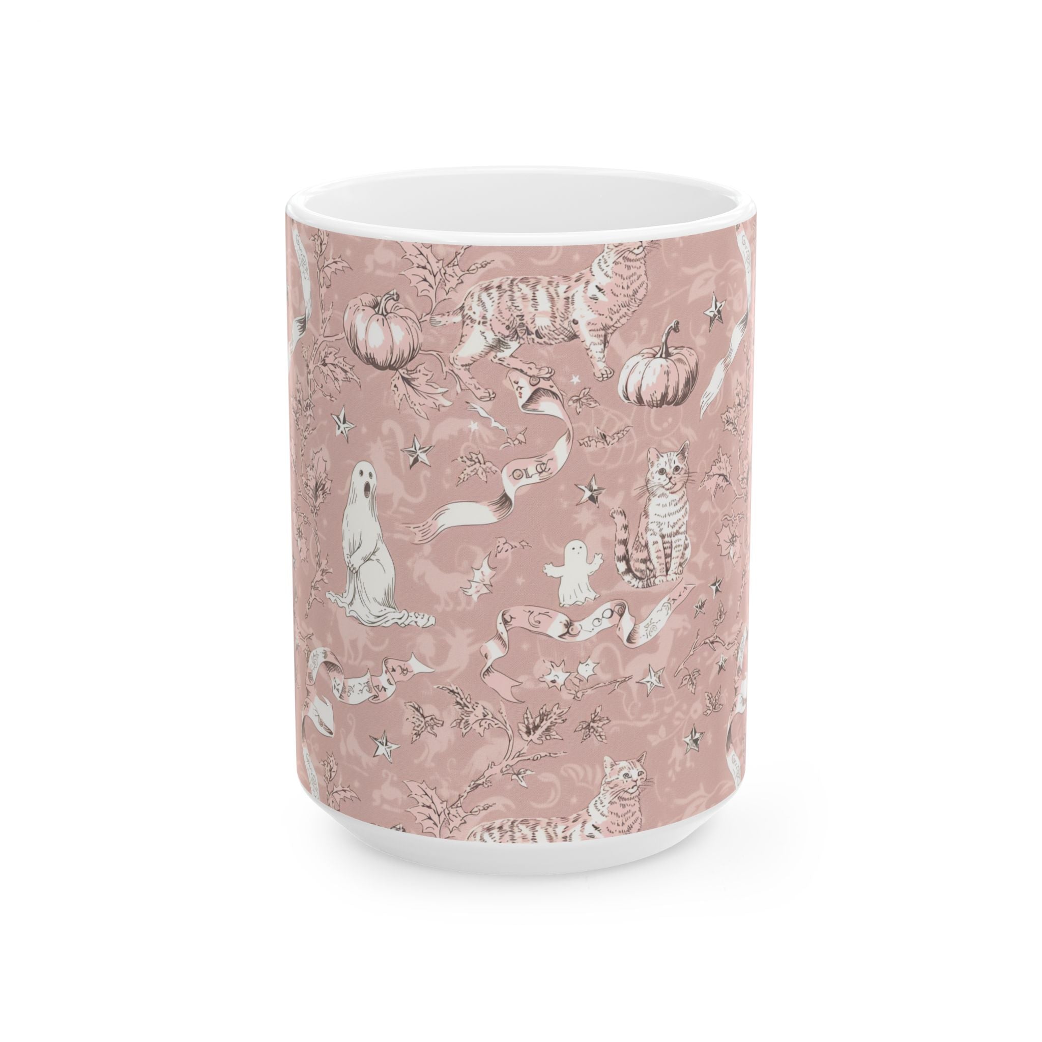 Blush Halloween Mug – Vintage Cat & Ghost Toile | Cozy Fall Coffee Cup