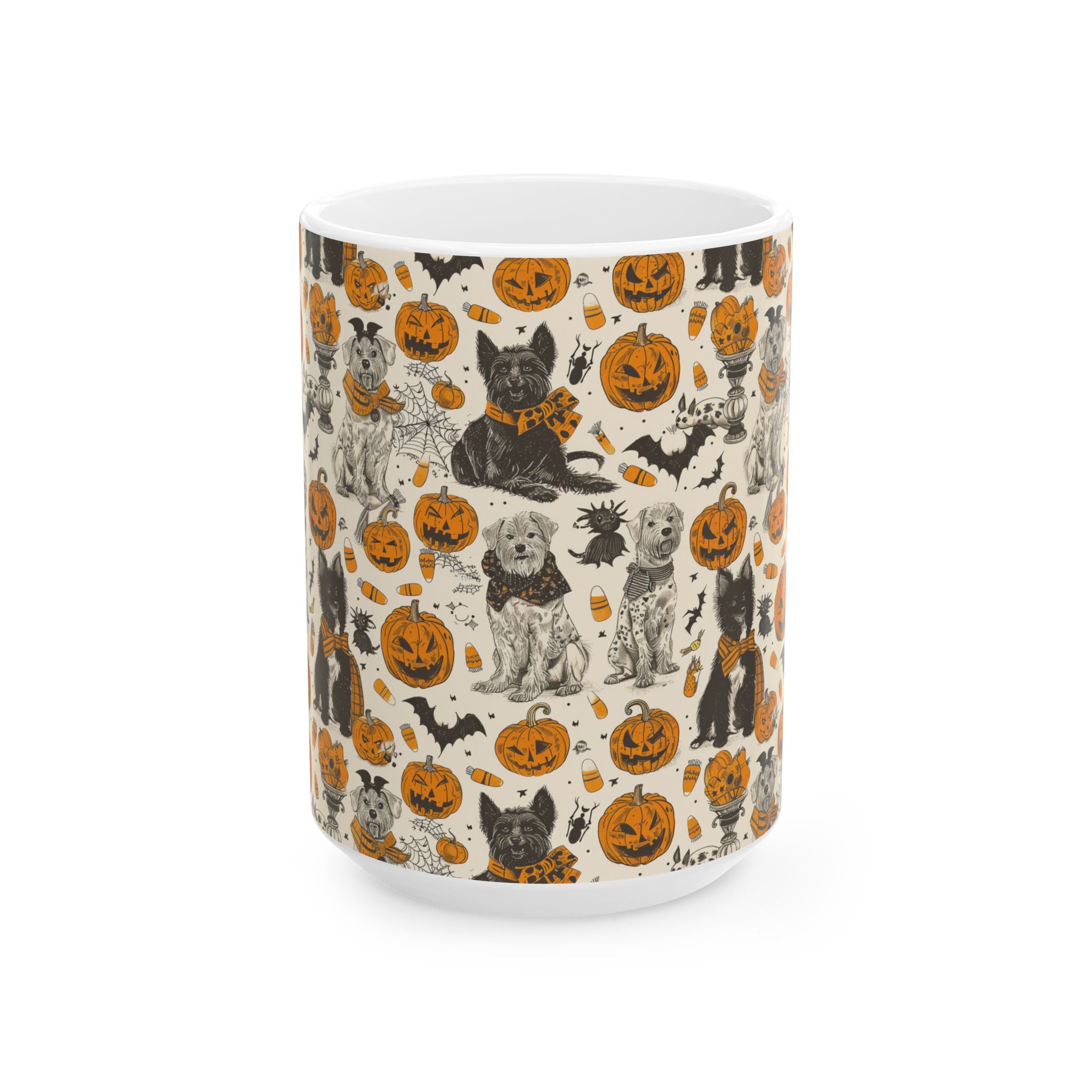 Halloween Dog Mug – Cozy Vintage Coffee Cup with Pumpkins, Candy Corn & Cute Dogs