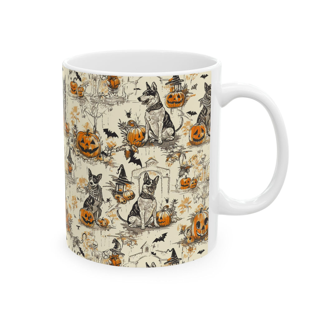 Vintage Halloween Dog Mug – Cozy Fall Coffee Cup with Pumpkins, Bats & Witchy Dogs