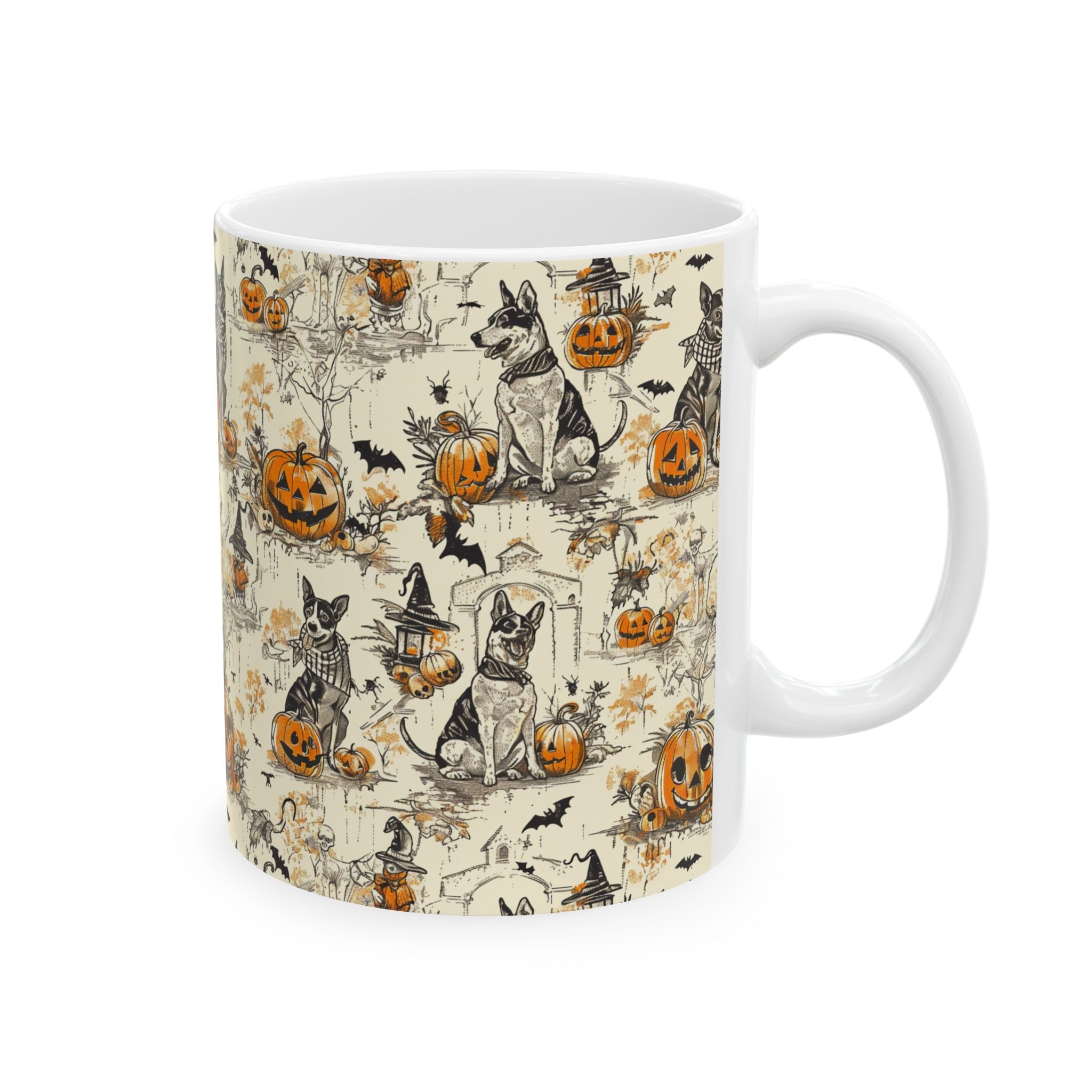 Vintage Halloween Dog Mug – Cozy Fall Coffee Cup with Pumpkins, Bats & Witchy Dogs
