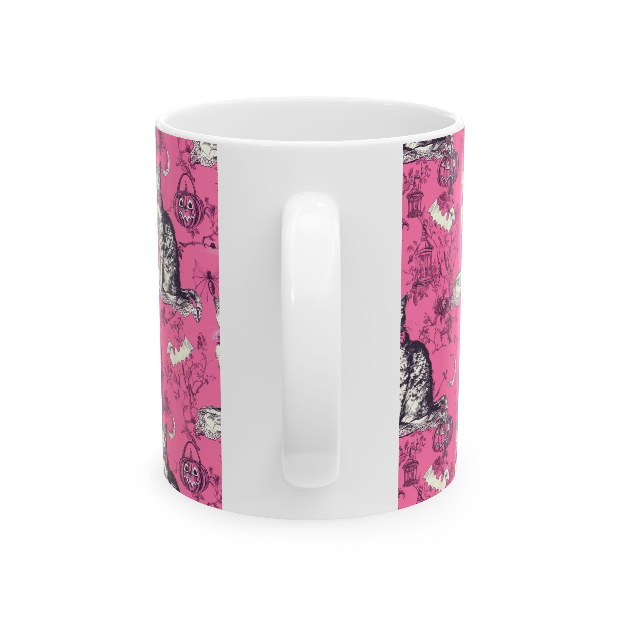 Pink Gothic Halloween Cat Mug – Vintage Black Cat Toile Coffee Cup for Fall Lovers
