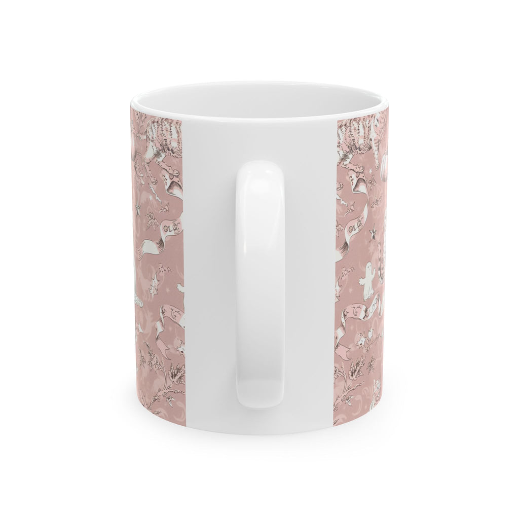 Blush Halloween Mug – Vintage Cat & Ghost Toile | Cozy Fall Coffee Cup
