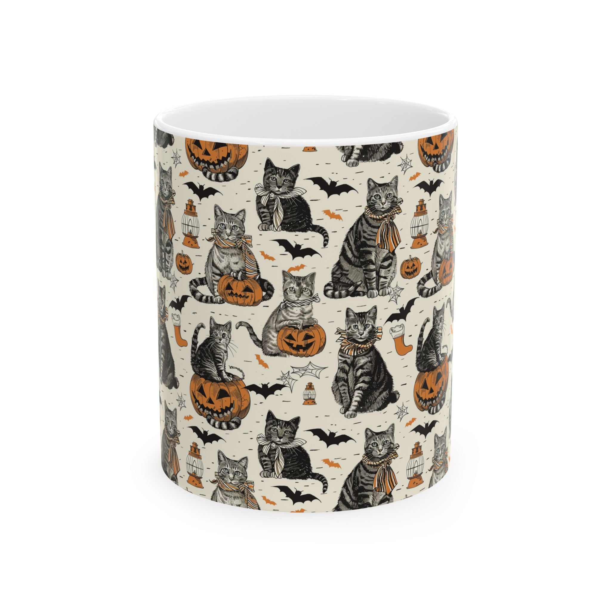 Vintage Halloween Cat Mug – Cozy Autumn Coffee Cup with Pumpkins, Bats & Black Cats