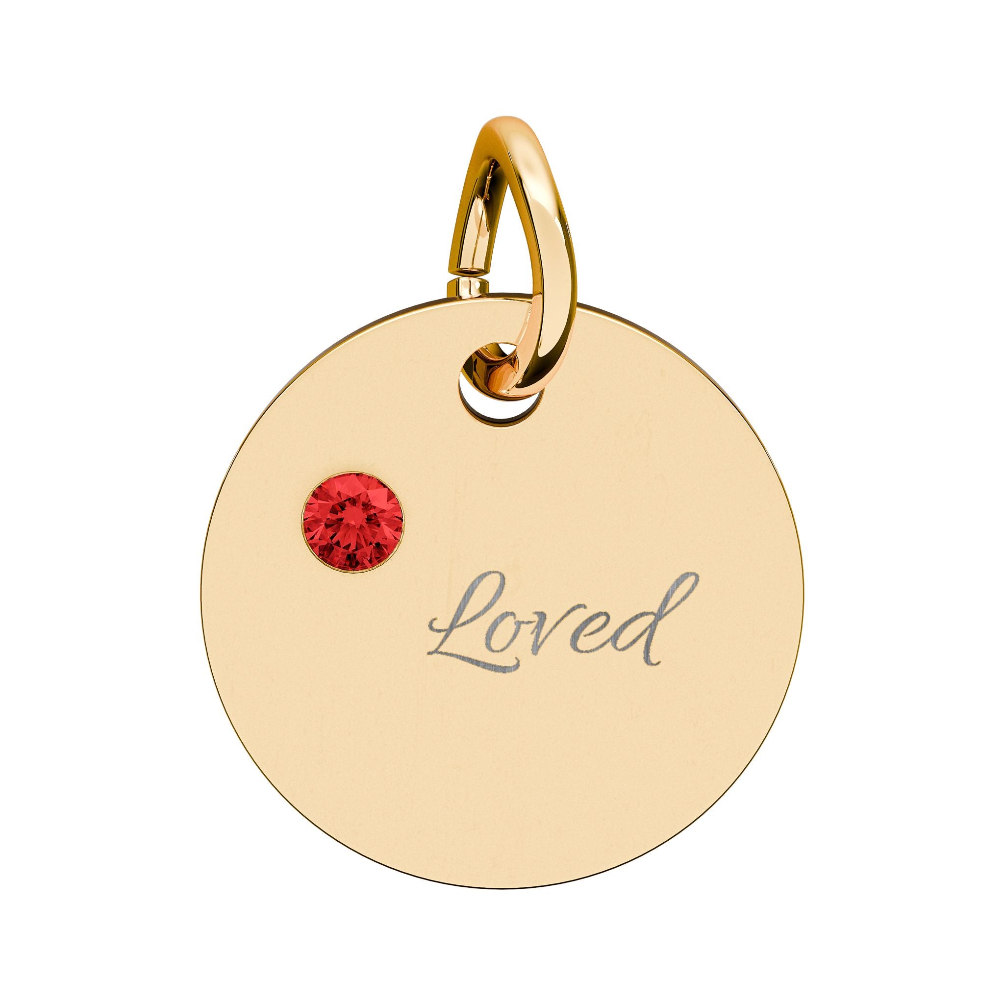 LOVED — Gold Plated Ruby Valentine CHARM ONLY,  Birthstone Circle Charm (Engraving)