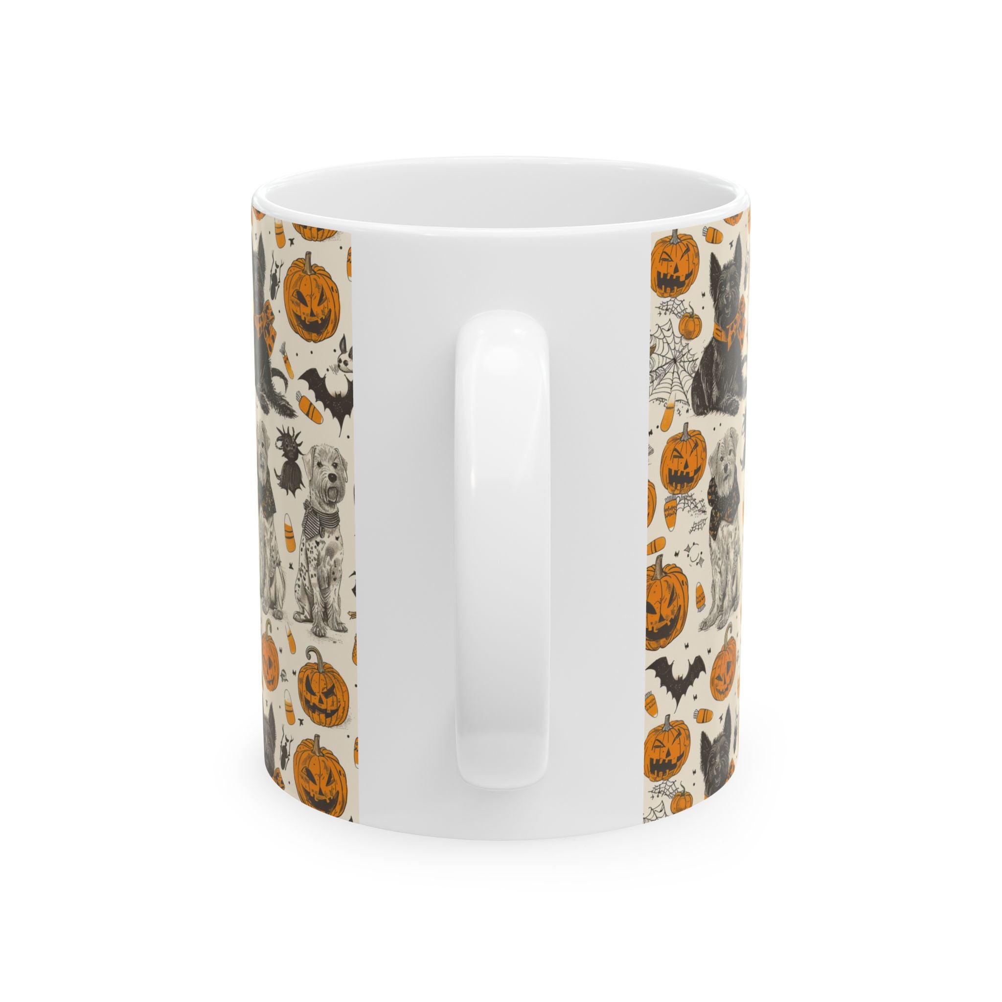Halloween Dog Mug – Cozy Vintage Coffee Cup with Pumpkins, Candy Corn & Cute Dogs