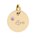 LOVE — Gold Plated Ruby Valentine Charm,  Birthstone Circle Charm (Engraving)