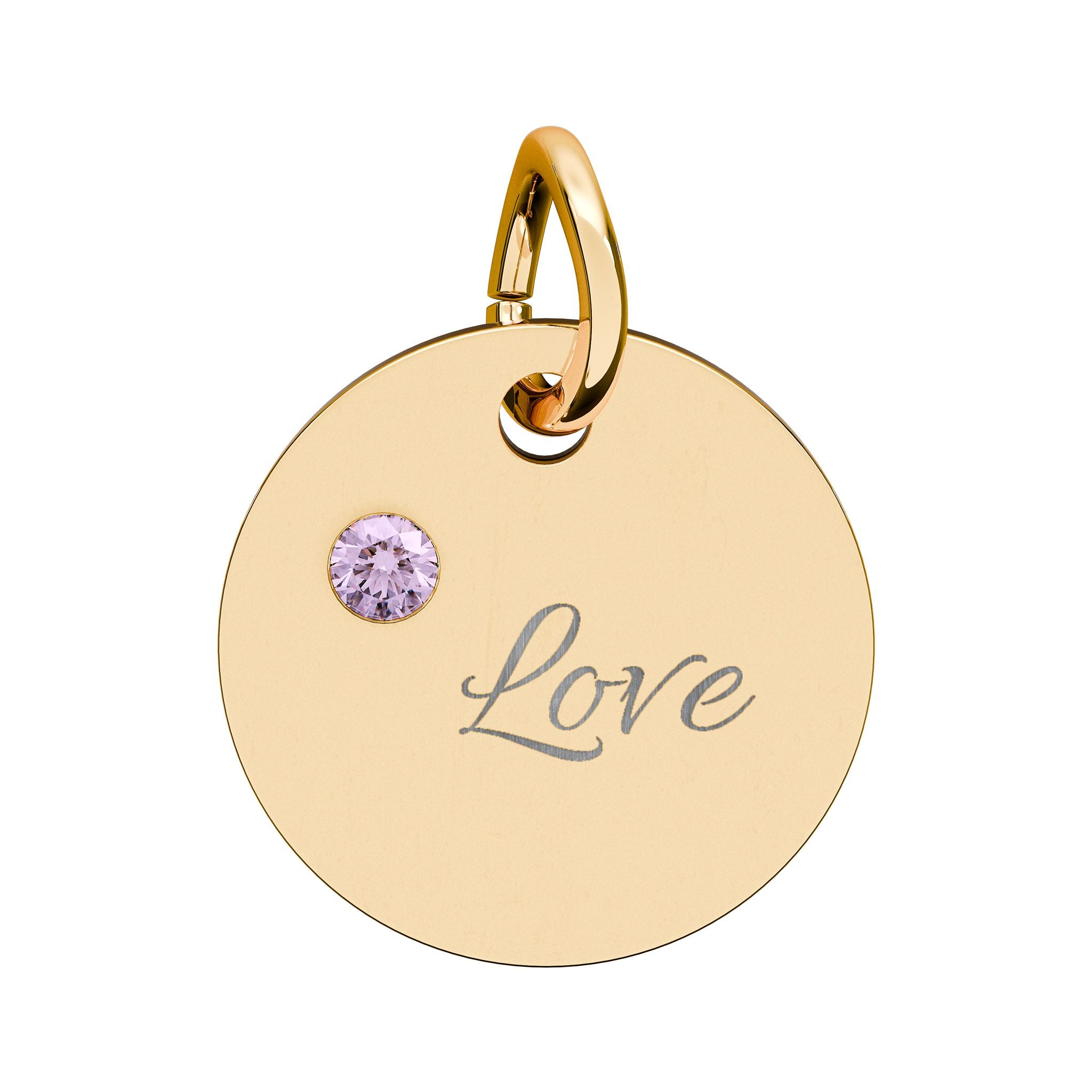 LOVE — Gold Plated Ruby Valentine Charm,  Birthstone Circle Charm (Engraving)