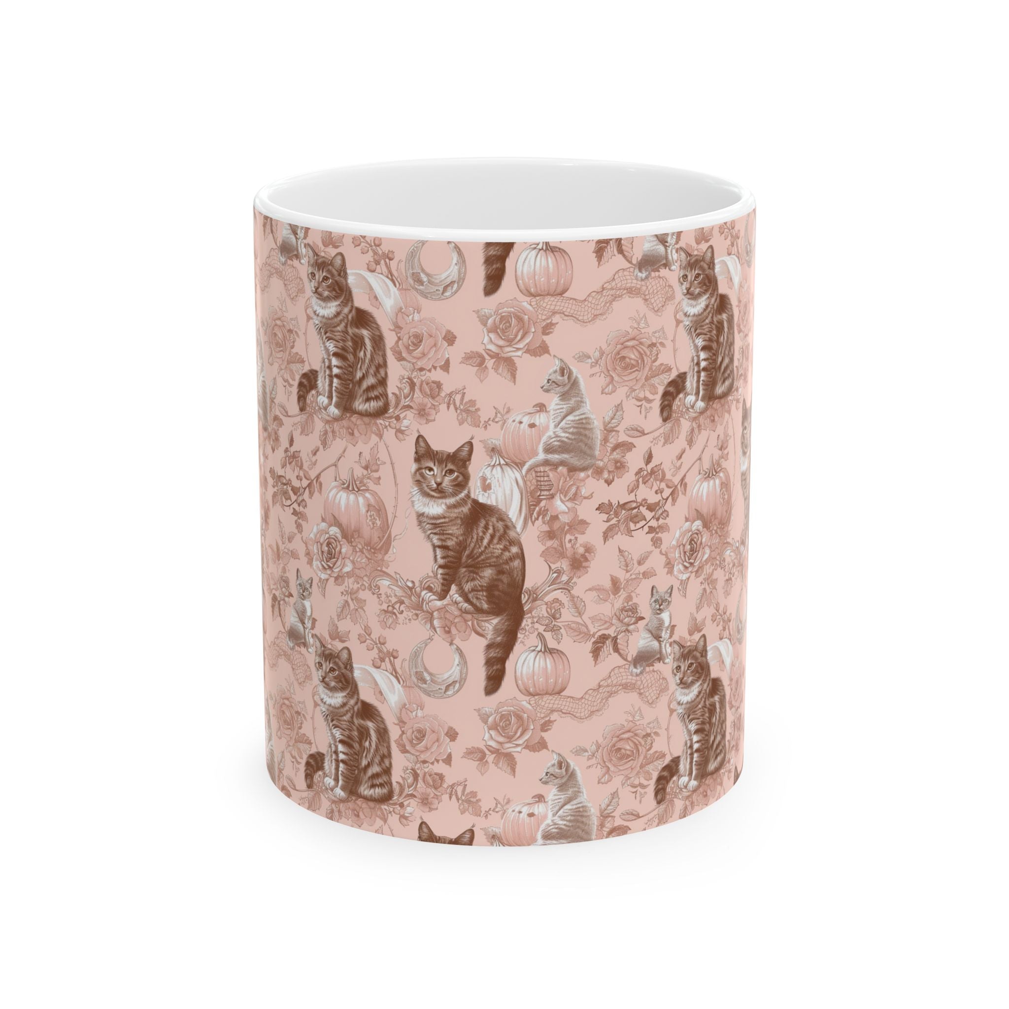 Blush Pumpkin Cat Mug – Vintage Toile Coffee Cup | Cozy Fall Gift for Cat Lovers