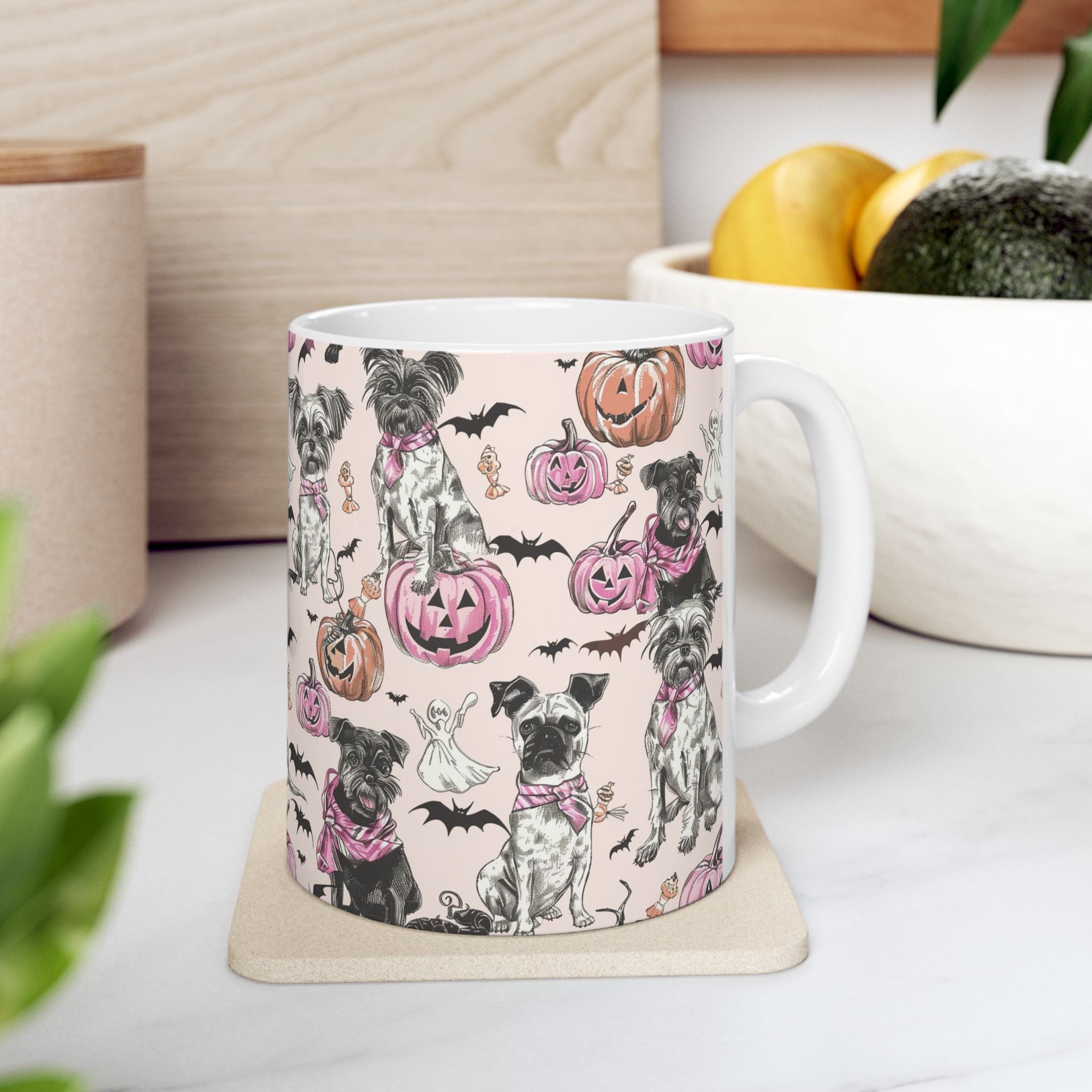 Pink Halloween Dog Mug – Cute Pug & Yorkie Coffee Cup with Pumpkins, Ghosts & Bats