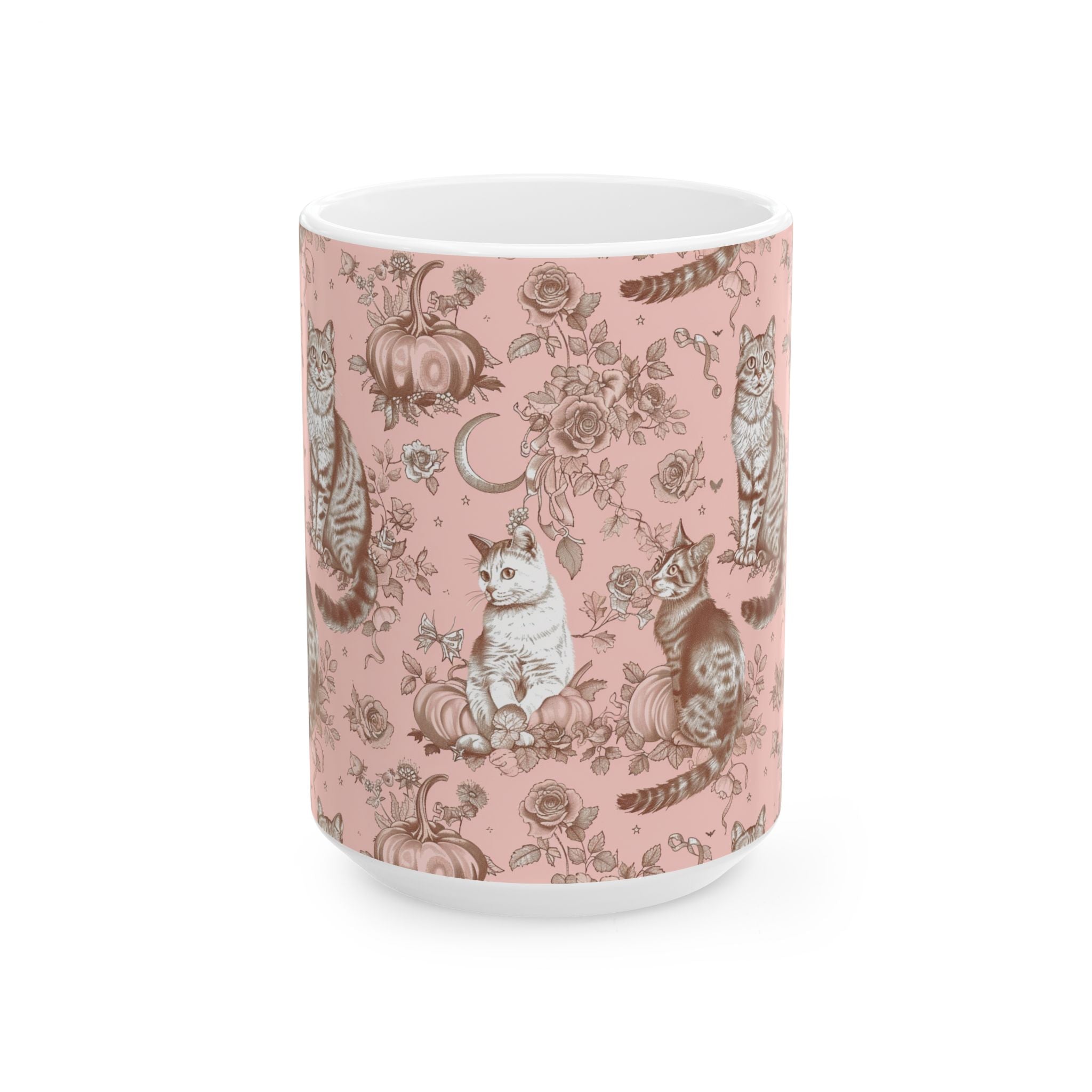 Vintage Blush Cat Mug – Pumpkin & Rose Toile Coffee Cup | Cozy Fall Gift for Cat Lovers