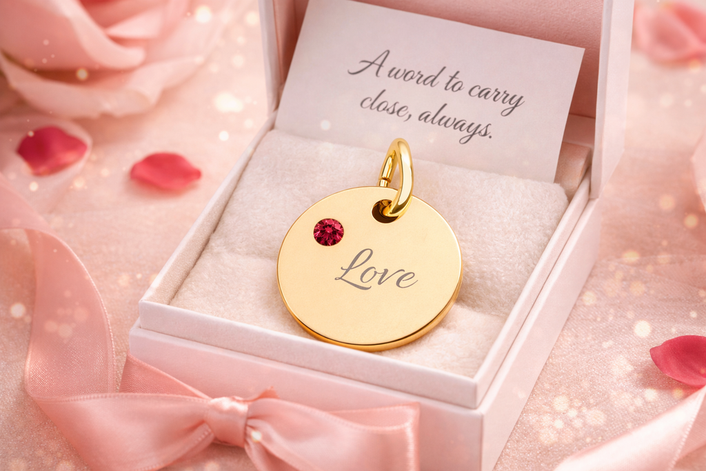 LOVE — Gold Plated Ruby Valentine Charm,  Birthstone Circle Charm (Engraving)