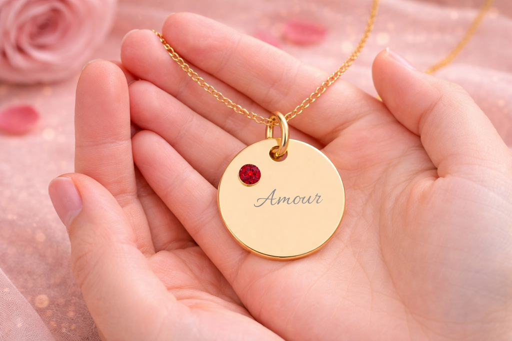 AMOUR Gold Plate CZ Ruby Charm – Romantic Keepsake Pendant, Birthstone Circle Charm (Engraving)