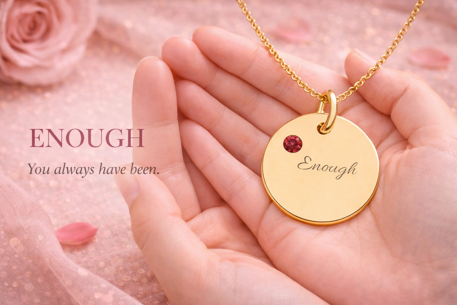 "ENOUGH" Gold Plated Charm – Self-Love & Strength Keepsake, Birthstone Circle Charm (Engraving)