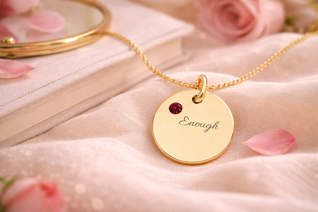 "ENOUGH" Gold Plated Charm – Self-Love & Strength Keepsake, Birthstone Circle Charm (Engraving)